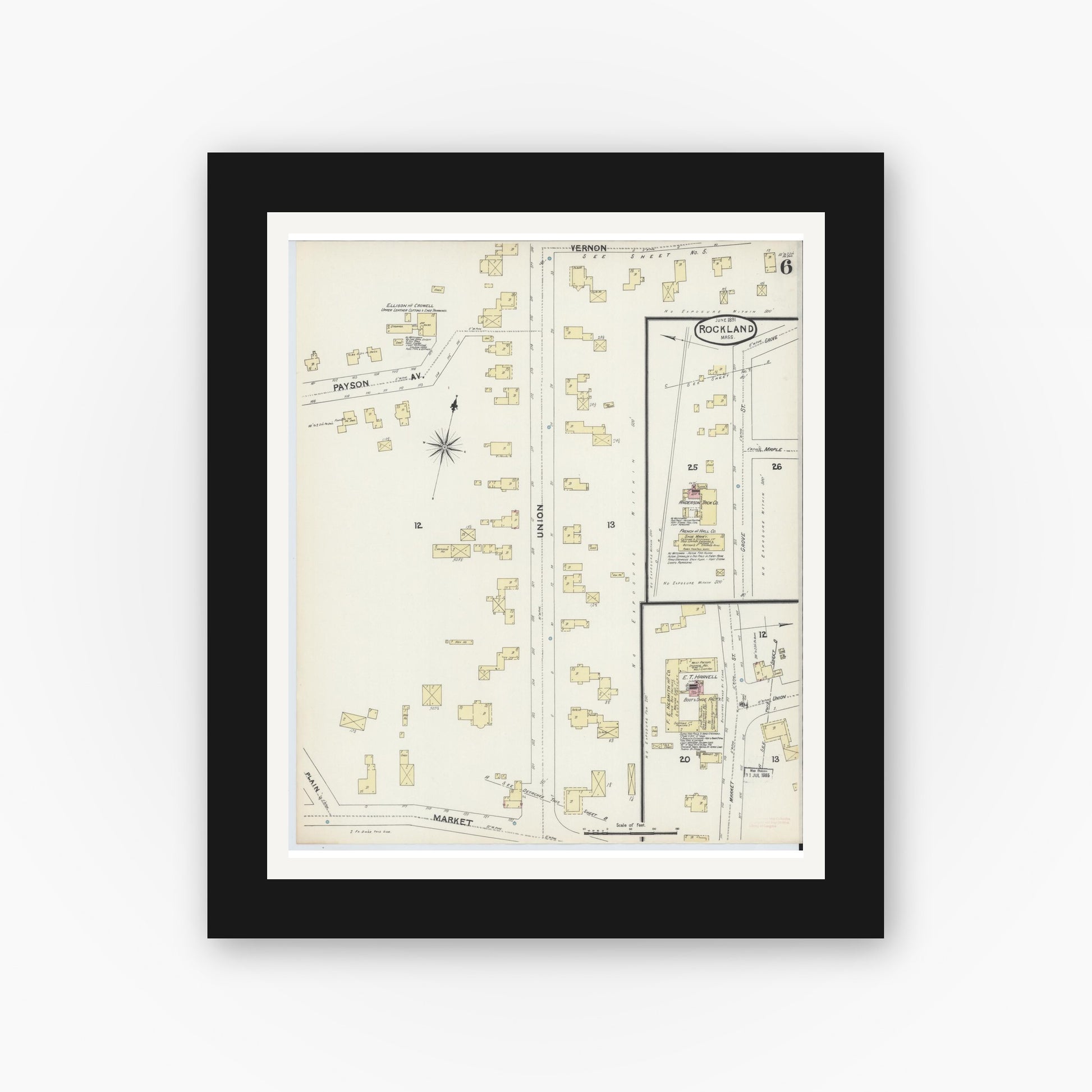 Old map wall art mockup — black gallery frame with white mat — Sanborn Fire Insurance Map from Rockland, Plymouth County, Massachusetts (1891), Sheet #0006