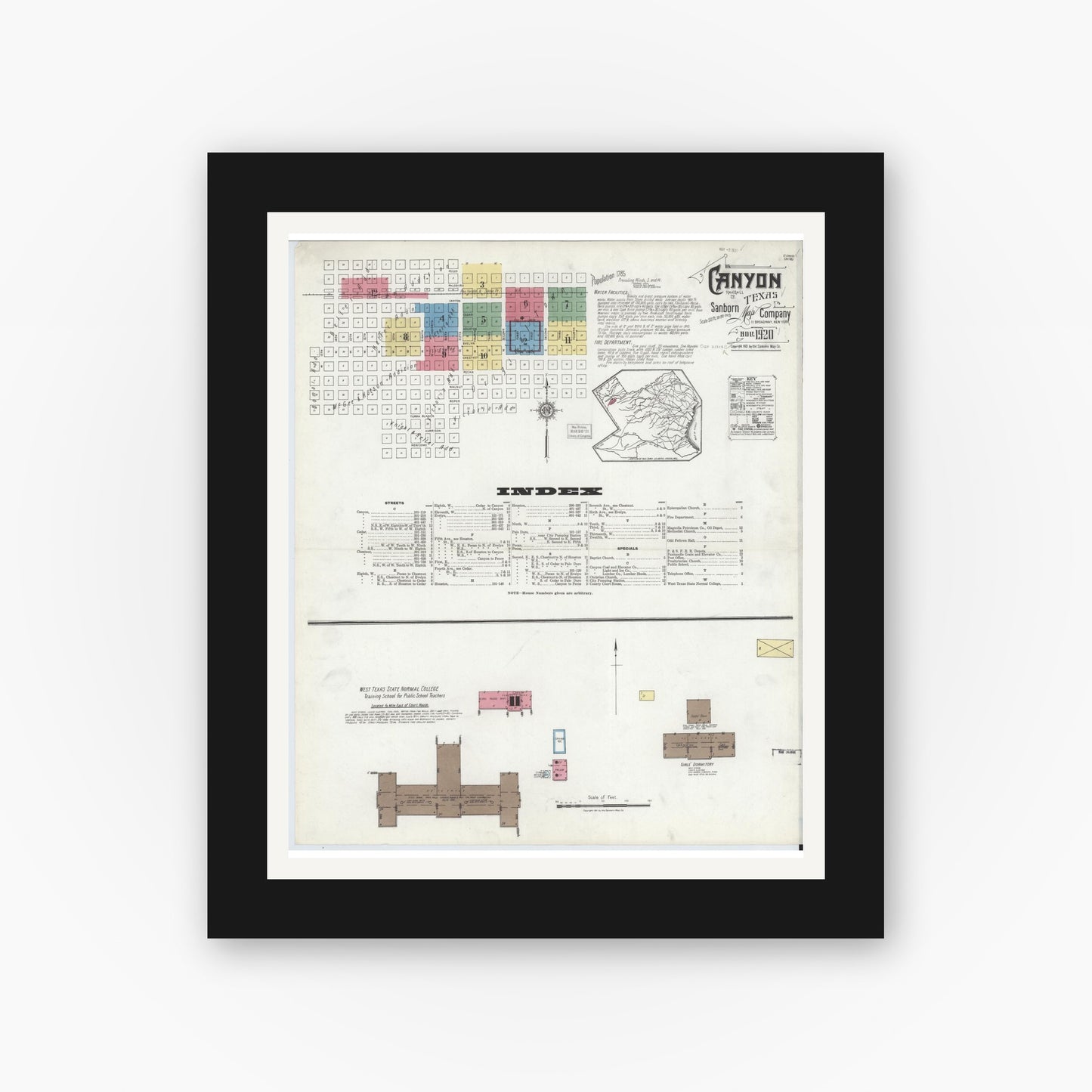 Old map wall art mockup — black gallery frame with white mat — Sanborn Fire Insurance Map from Canyon, Randall County, Texas (1920), Sheet #0001