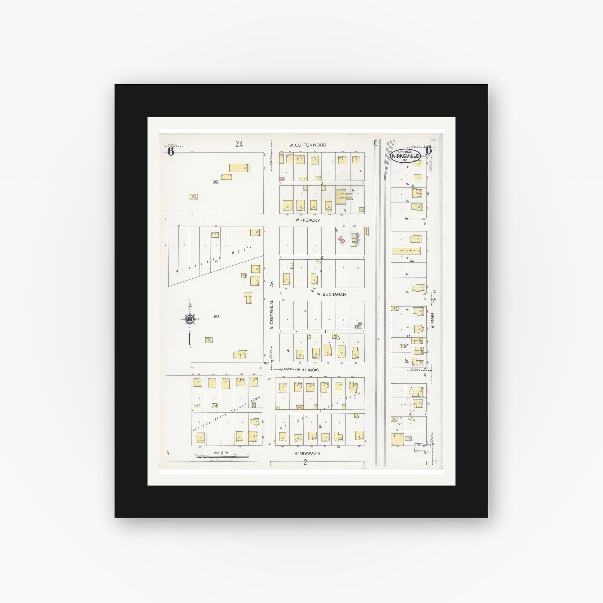 Old map wall art mockup — black gallery frame with white mat — Sanborn Fire Insurance Map from Kirksville, Adair County, Missouri (1925), Sheet #0006