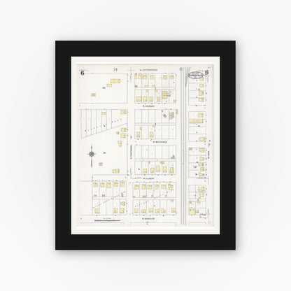 Old map wall art mockup — black gallery frame with white mat — Sanborn Fire Insurance Map from Kirksville, Adair County, Missouri (1925), Sheet #0006