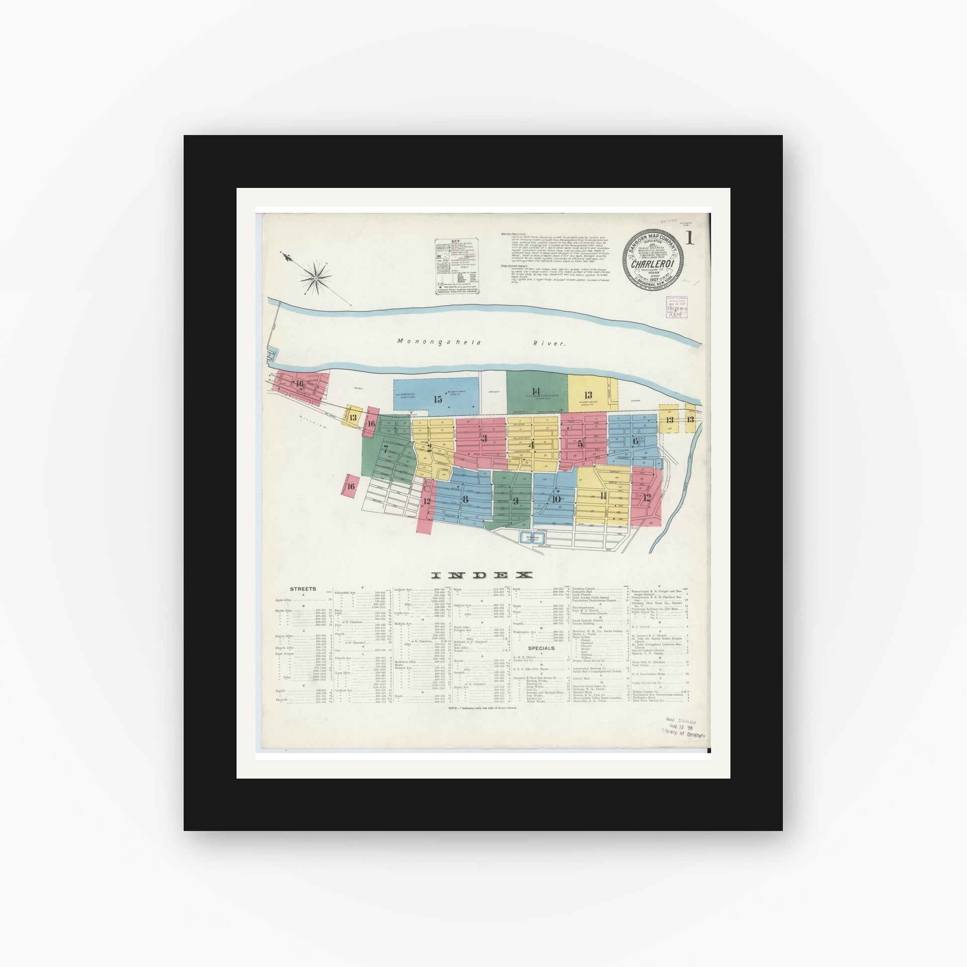 Old map wall art mockup — black gallery frame with white mat — Sanborn Fire Insurance Map from Charleroi, Washington County, Pennsylvania (1907) - Complete Map Set