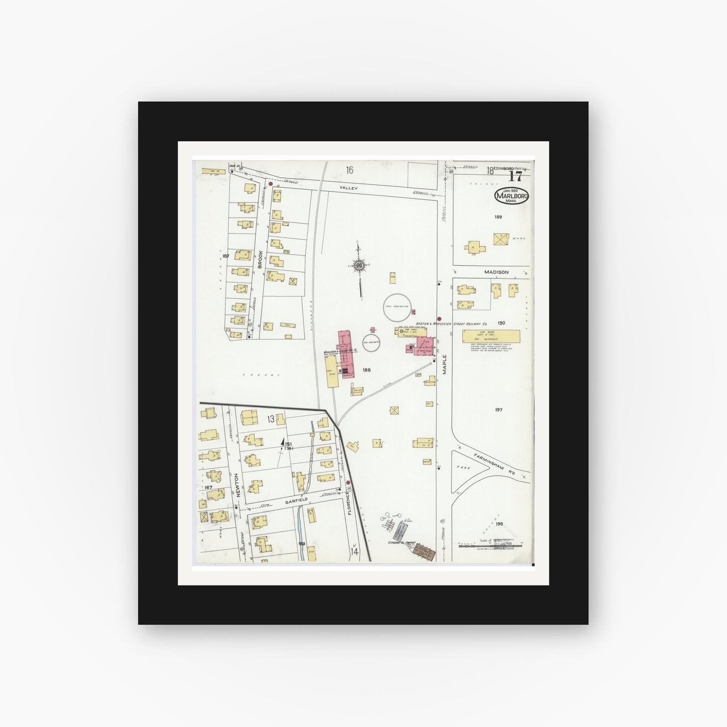 Old map wall art mockup — black gallery frame with white mat — Sanborn Fire Insurance Map from Marlborough, Middlesex County, Massachusetts (1920), Sheet #0017