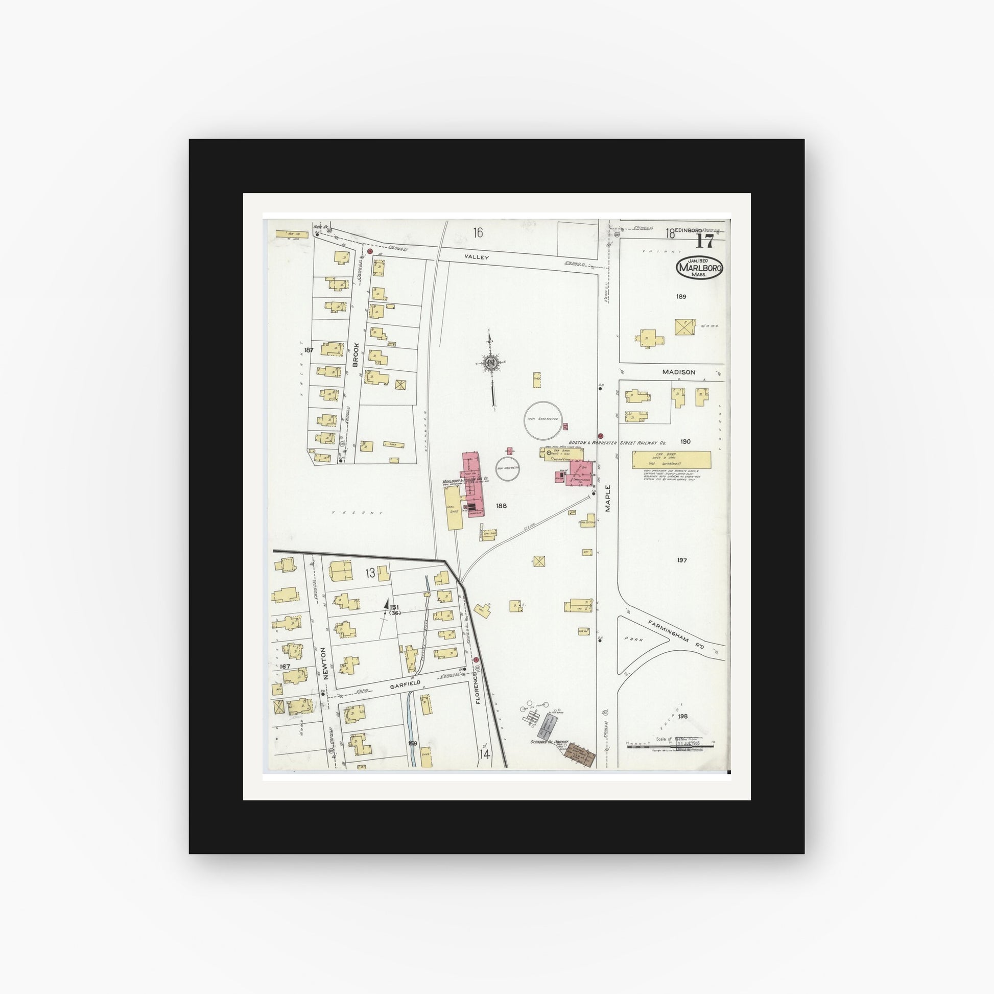 Old map wall art mockup — black gallery frame with white mat — Sanborn Fire Insurance Map from Marlborough, Middlesex County, Massachusetts (1920), Sheet #0017