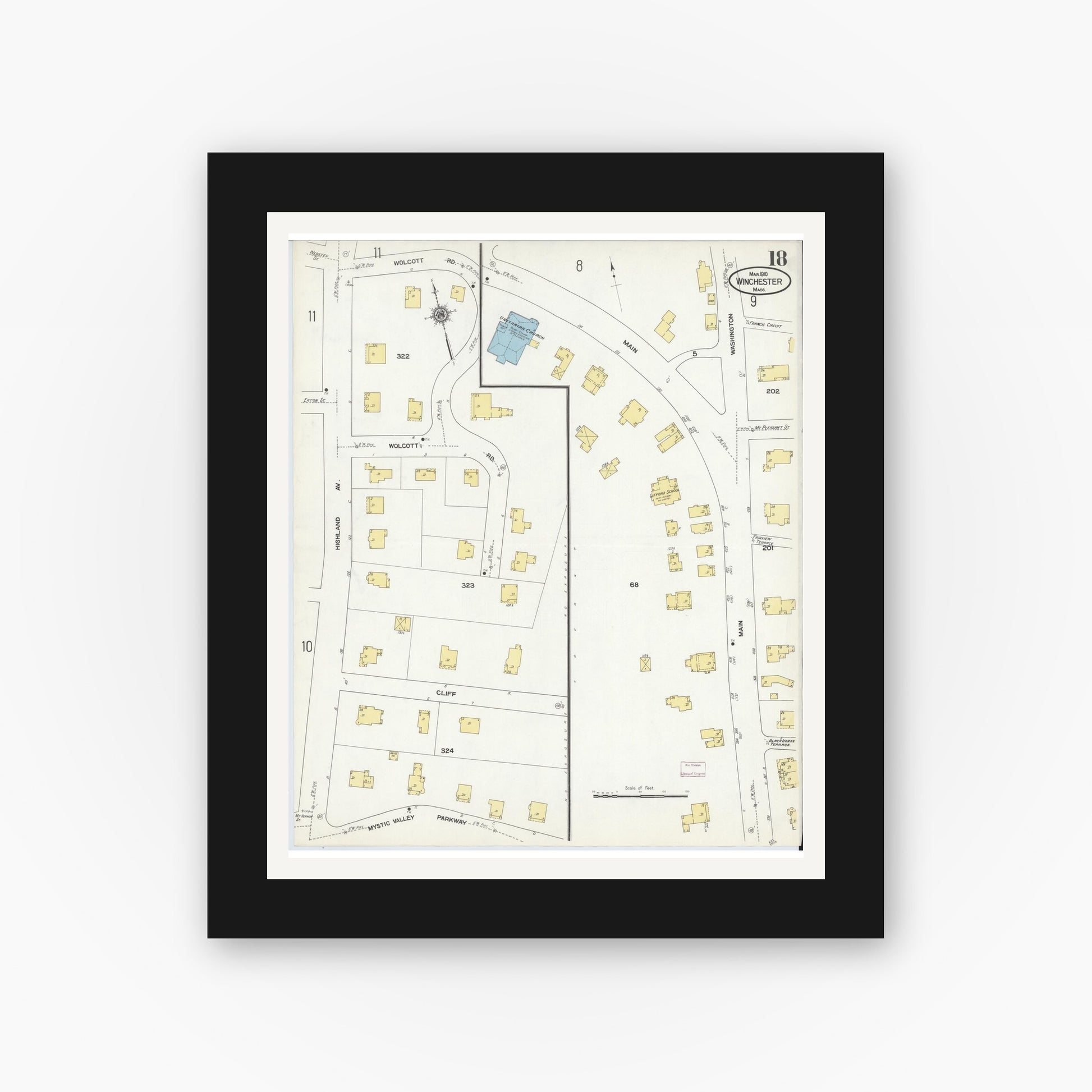 Old map wall art mockup — black gallery frame with white mat — Sanborn Fire Insurance Map from Winchester, Middlesex County, Massachusetts (1910), Sheet #0018