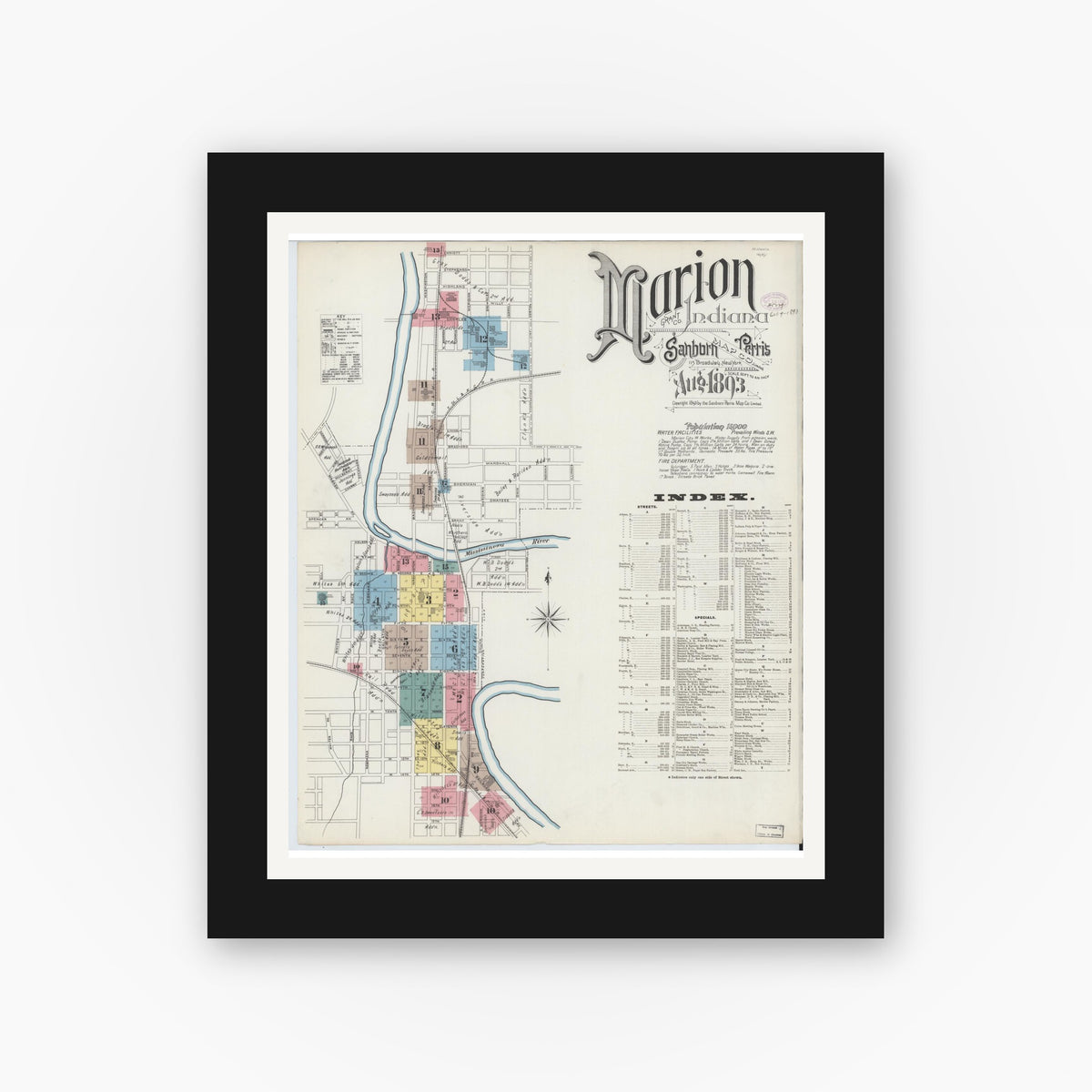 Old map wall art mockup — black gallery frame with white mat — Sanborn Fire Insurance Map from Marion, Grant County, Indiana (1893) - Complete Map Set