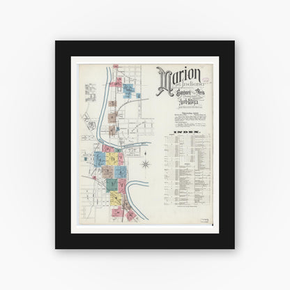 Old map wall art mockup — black gallery frame with white mat — Sanborn Fire Insurance Map from Marion, Grant County, Indiana (1893) - Complete Map Set