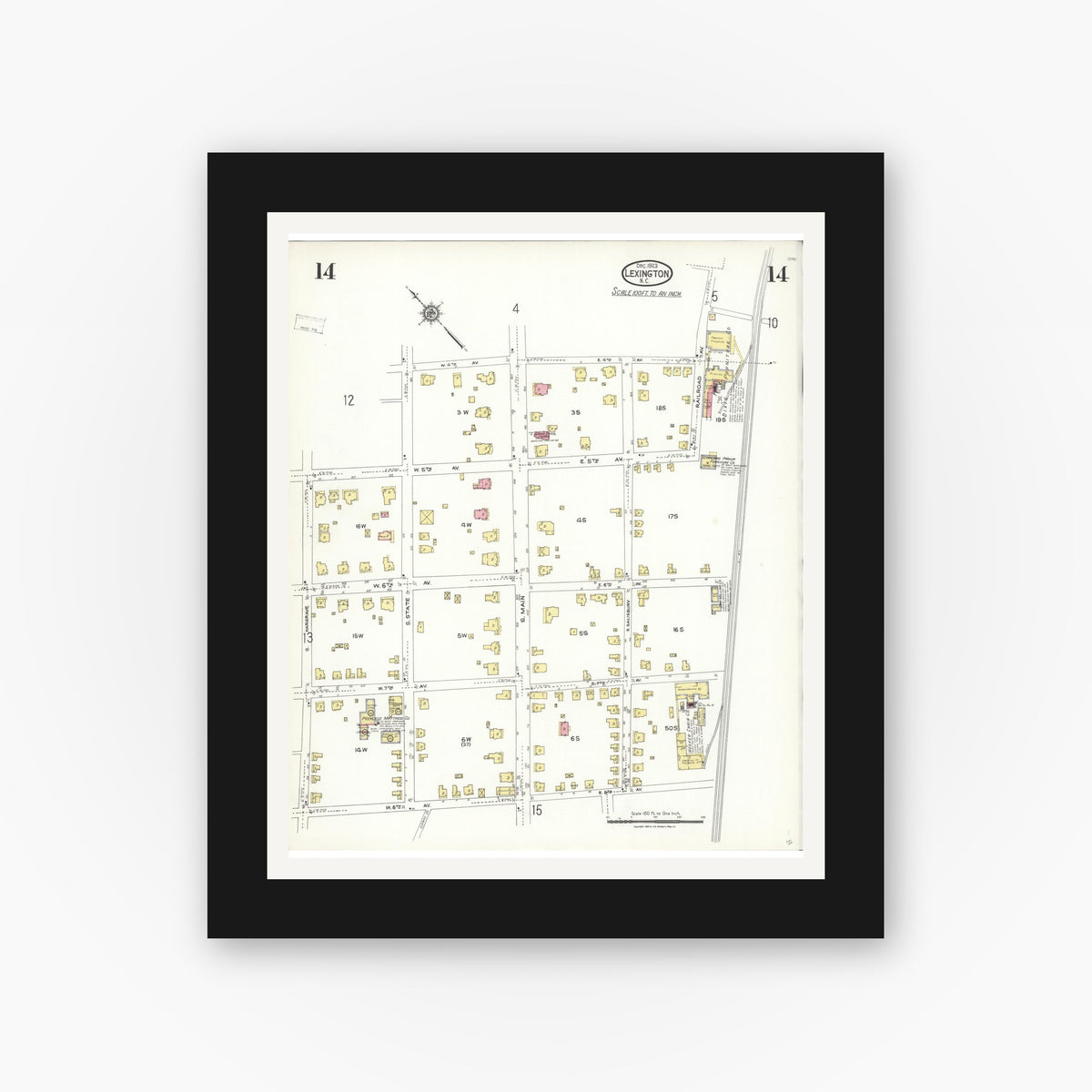 Old map wall art mockup — black gallery frame with white mat — Sanborn Fire Insurance Map from Lexington, Davidson County, North Carolina (1923), Sheet #0014