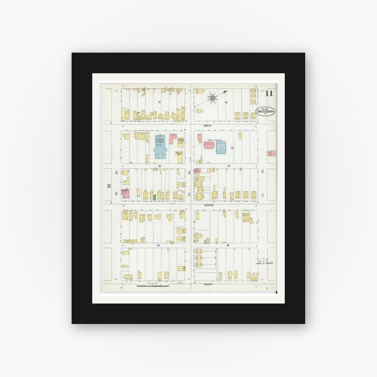 Old map wall art mockup — black gallery frame with white mat — Sanborn Fire Insurance Map from Mauch Chunk, Carbon County, Pennsylvania (1902), Sheet #0011