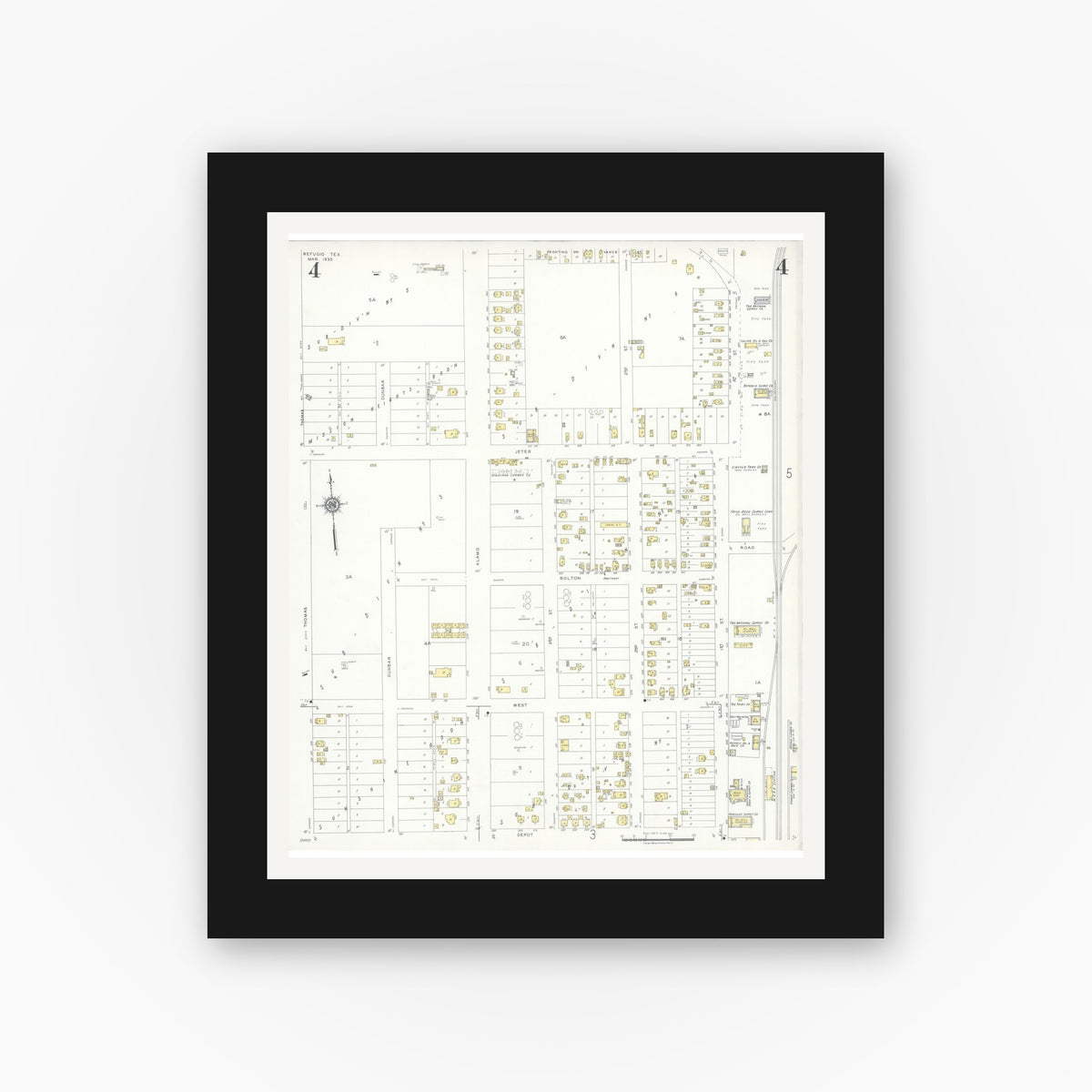 Old map wall art mockup — black gallery frame with white mat — Sanborn Fire Insurance Map from Refugio, Refugio County, Texas (1935), Sheet #0004