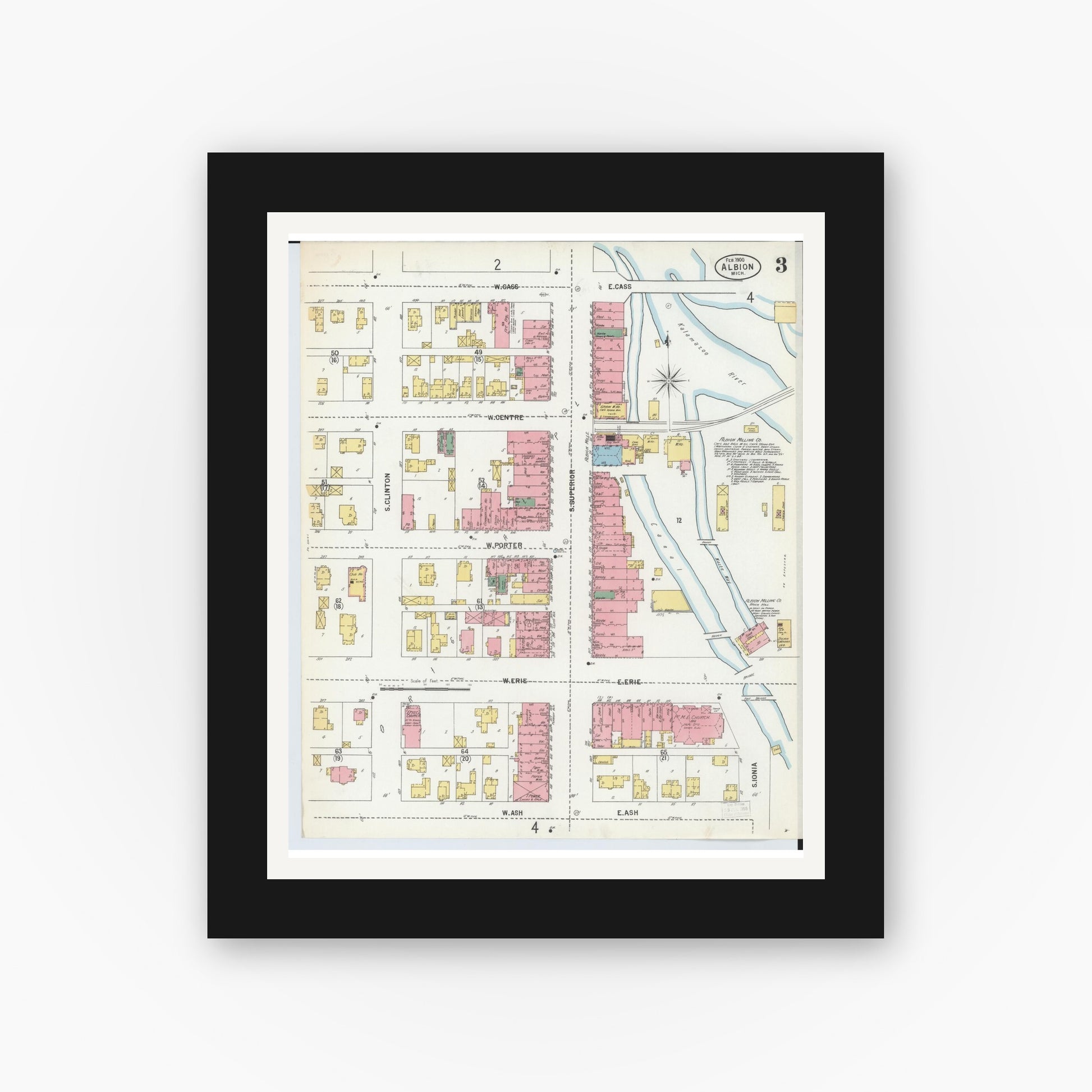 Old map wall art mockup — black gallery frame with white mat — Sanborn Fire Insurance Map from Albion, Calhoun County, Michigan (1900), Sheet #0003