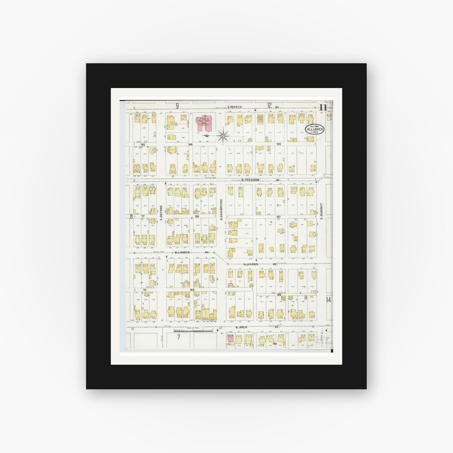 Old map wall art mockup — black gallery frame with white mat — Sanborn Fire Insurance Map from Alliance, Stark County, Ohio (1904), Sheet #0011