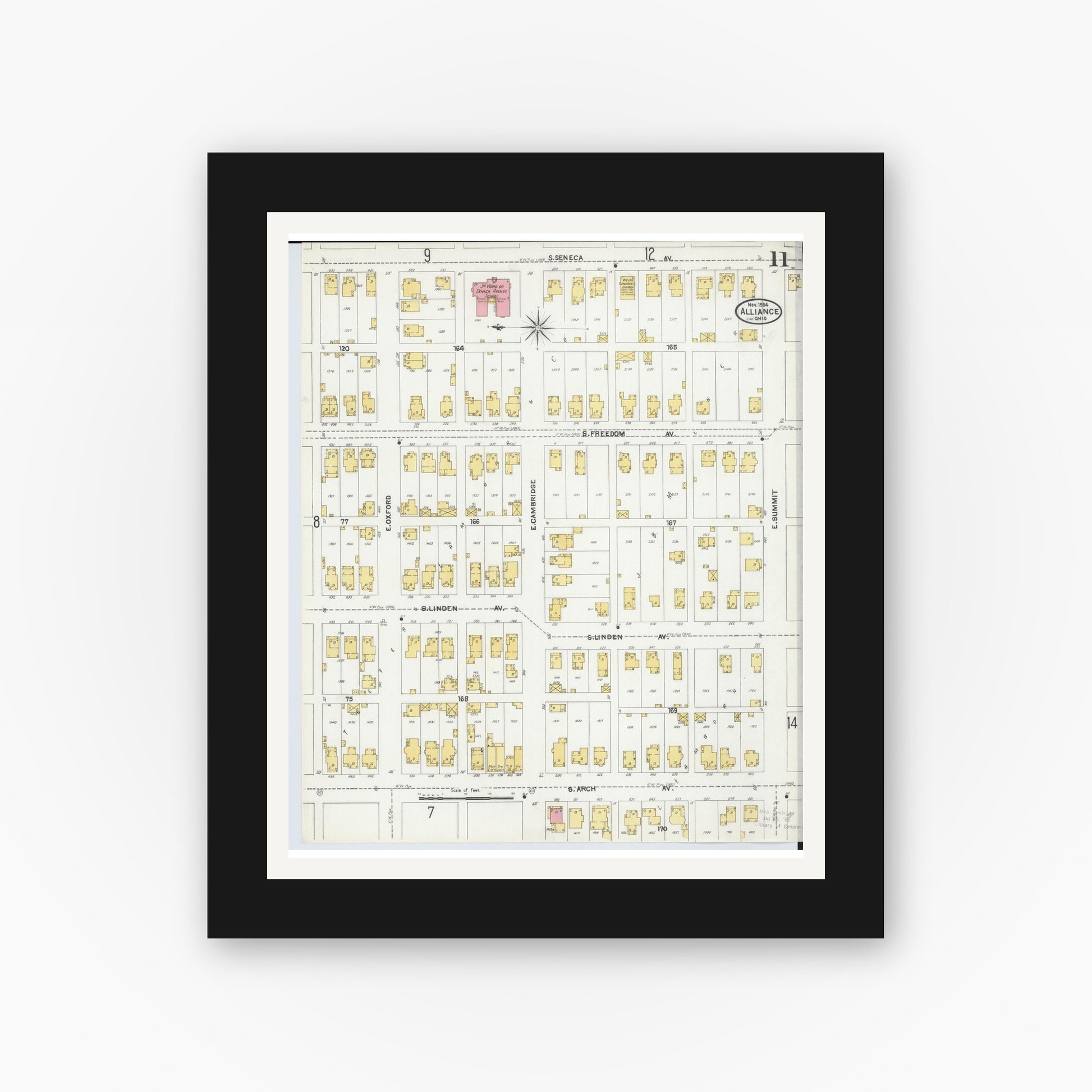 Old map wall art mockup — black gallery frame with white mat — Sanborn Fire Insurance Map from Alliance, Stark County, Ohio (1904), Sheet #0011