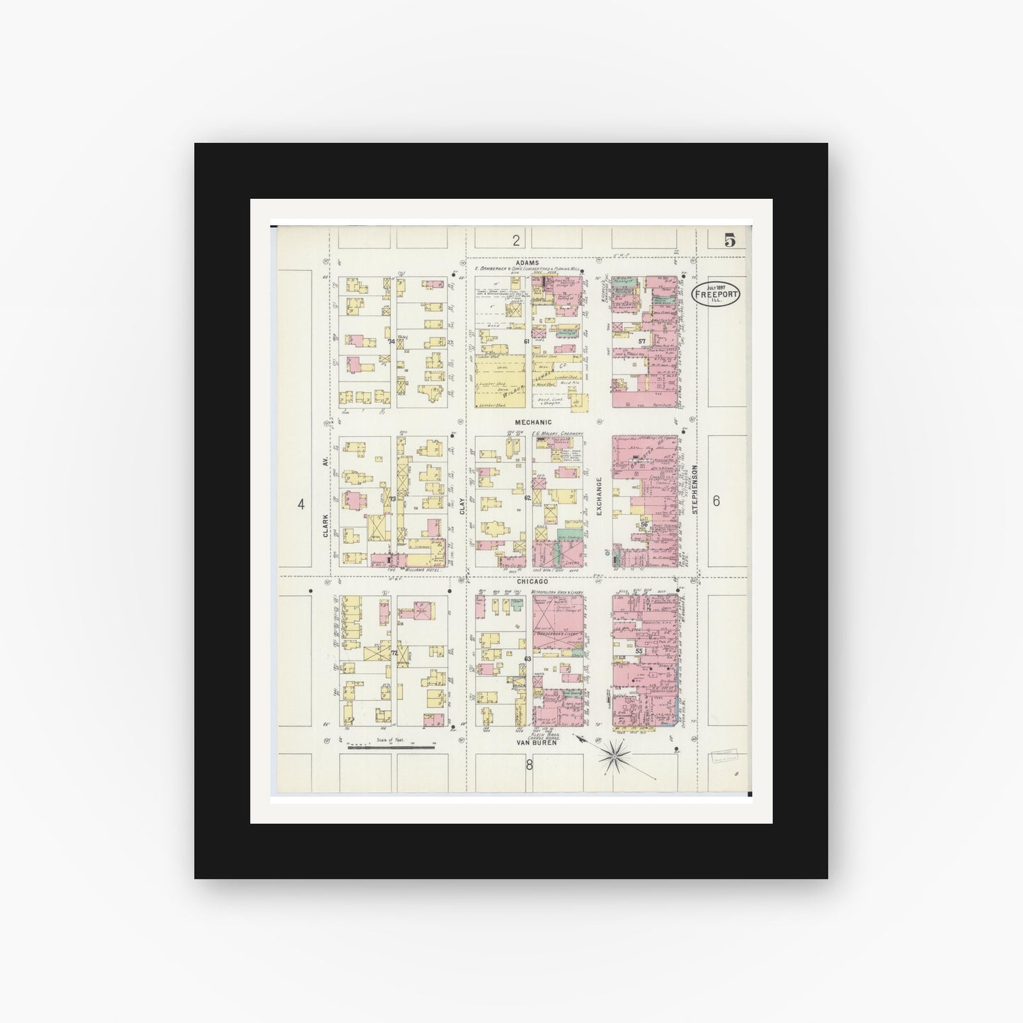 Old map wall art mockup — black gallery frame with white mat — Sanborn Fire Insurance Map from Freeport, Stephenson County, Illinois (1897), Sheet #0005