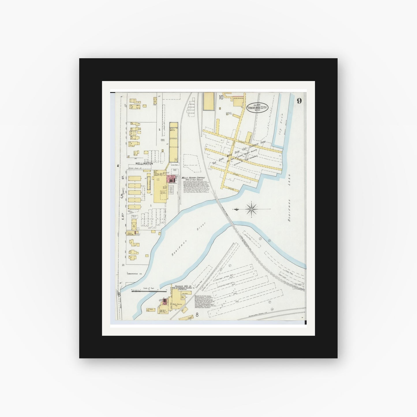 Old map wall art mockup — black gallery frame with white mat — Sanborn Fire Insurance Map from Traverse City, Grand Traverse County, Michigan (1899), Sheet #0009