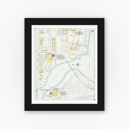 Old map wall art mockup — black gallery frame with white mat — Sanborn Fire Insurance Map from Traverse City, Grand Traverse County, Michigan (1899), Sheet #0009