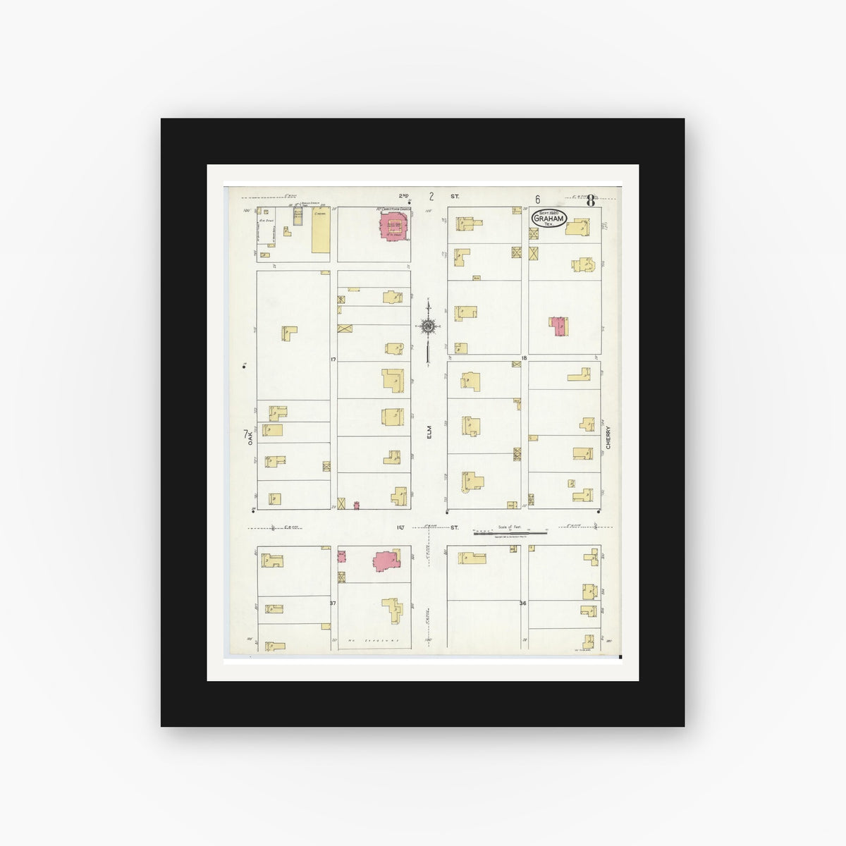 Old map wall art mockup — black gallery frame with white mat — Sanborn Fire Insurance Map from Graham, Young County, Texas (1920), Sheet #0008