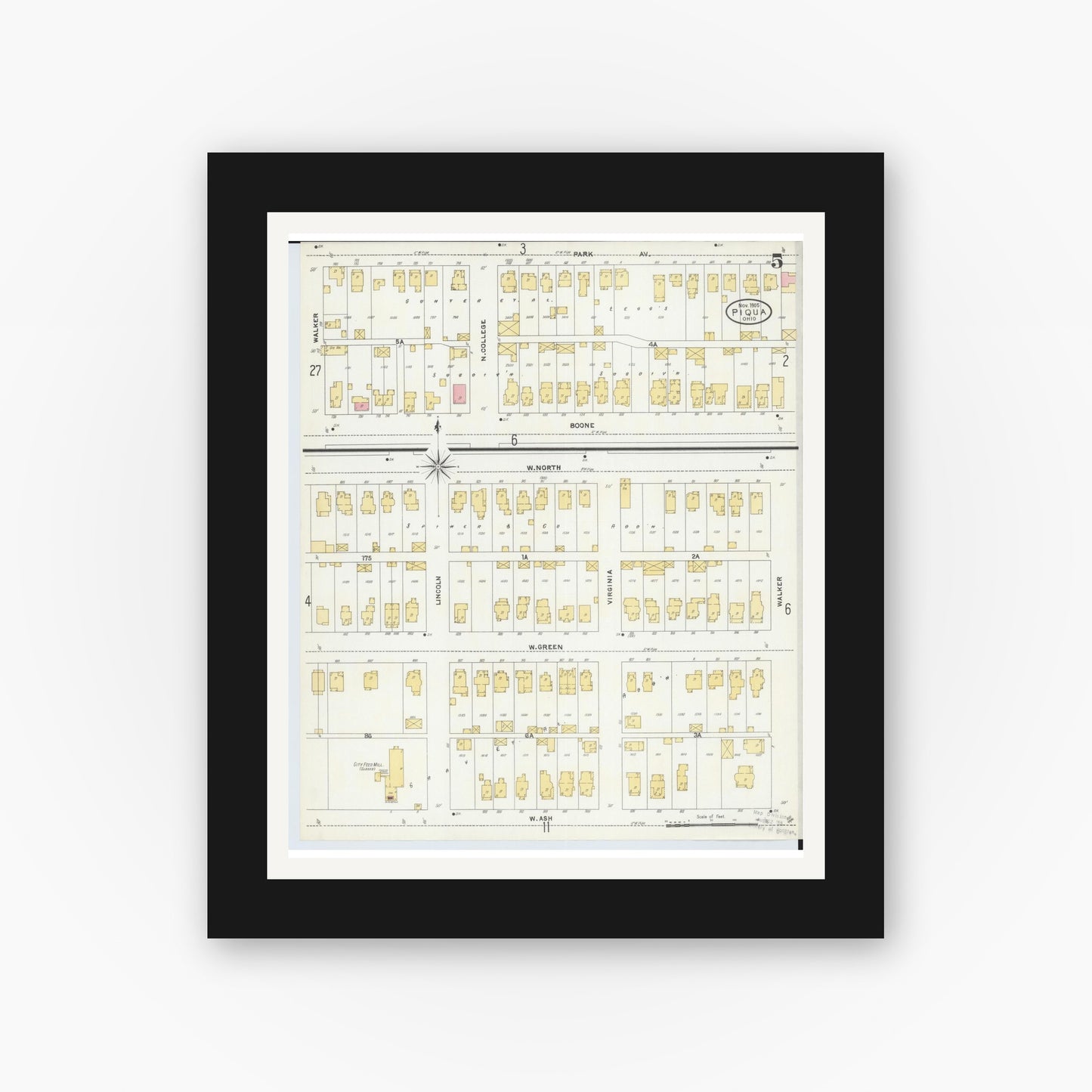 Old map wall art mockup — black gallery frame with white mat — Sanborn Fire Insurance Map from Piqua, Miami County, Ohio (1905), Sheet #0005