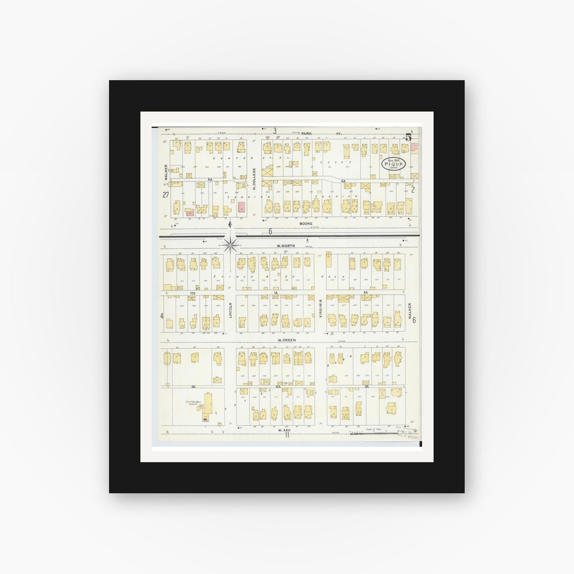 Old map wall art mockup — black gallery frame with white mat — Sanborn Fire Insurance Map from Piqua, Miami County, Ohio (1905), Sheet #0005