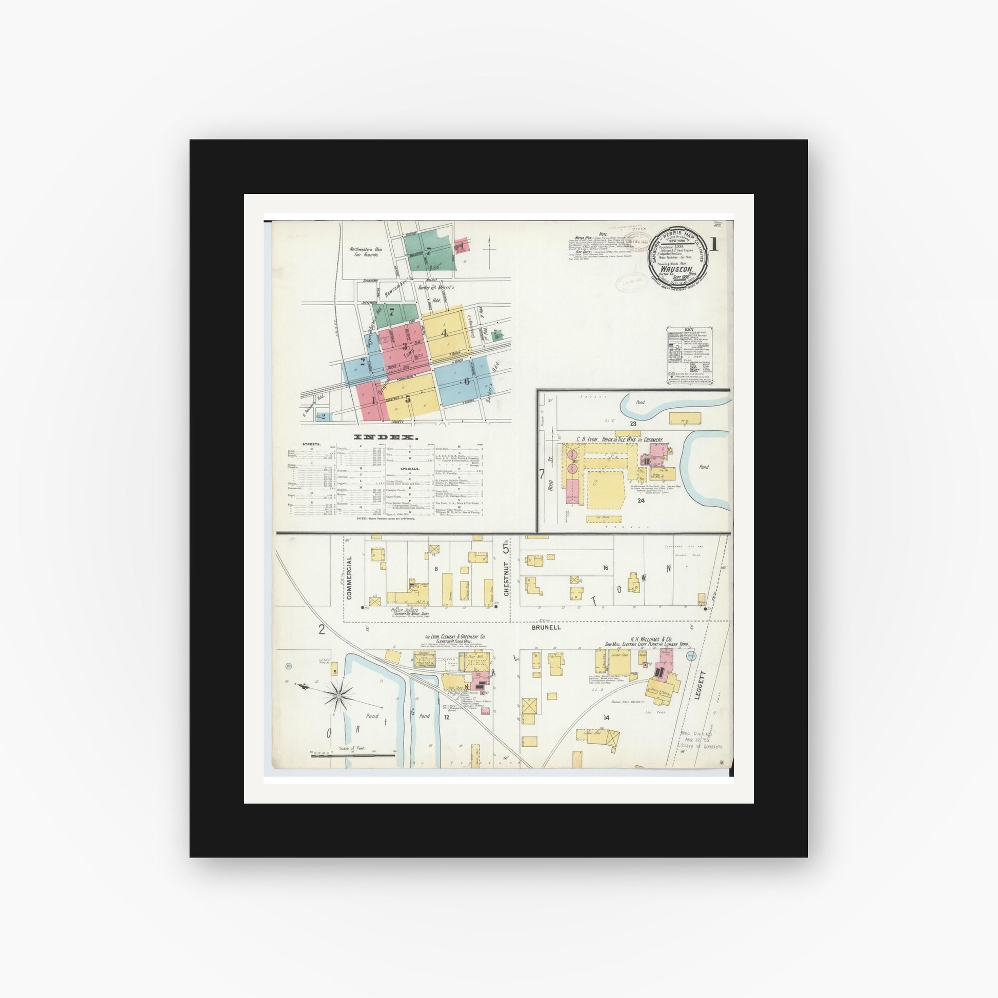 Old map wall art mockup — black gallery frame with white mat — Sanborn Fire Insurance Map from Wauseon, Fulton County, Ohio (1899), Sheet #0001