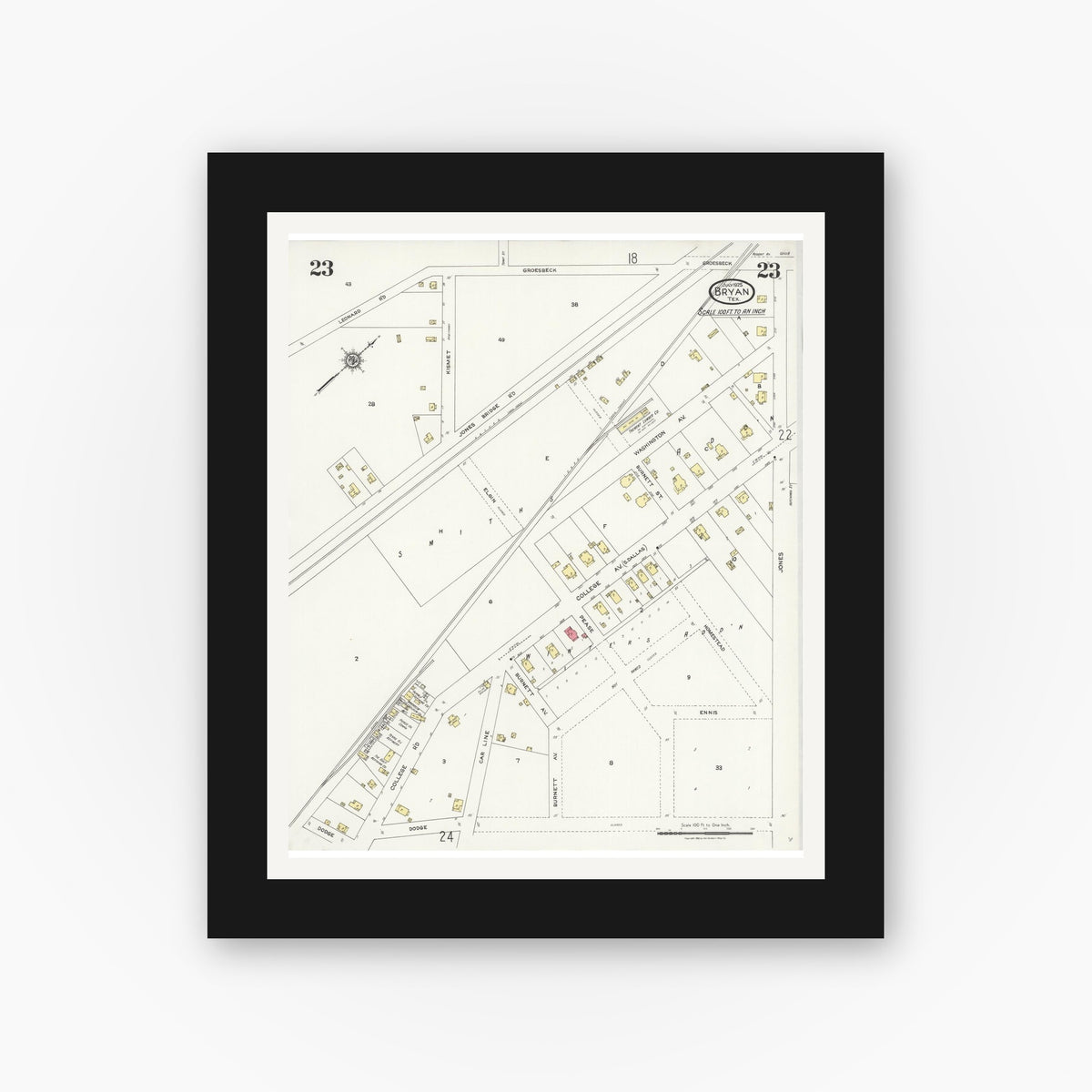 Old map wall art mockup — black gallery frame with white mat — Sanborn Fire Insurance Map from Bryan, Brazos County, Texas (1925), Sheet #0023