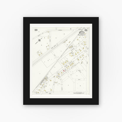 Old map wall art mockup — black gallery frame with white mat — Sanborn Fire Insurance Map from Bryan, Brazos County, Texas (1925), Sheet #0023