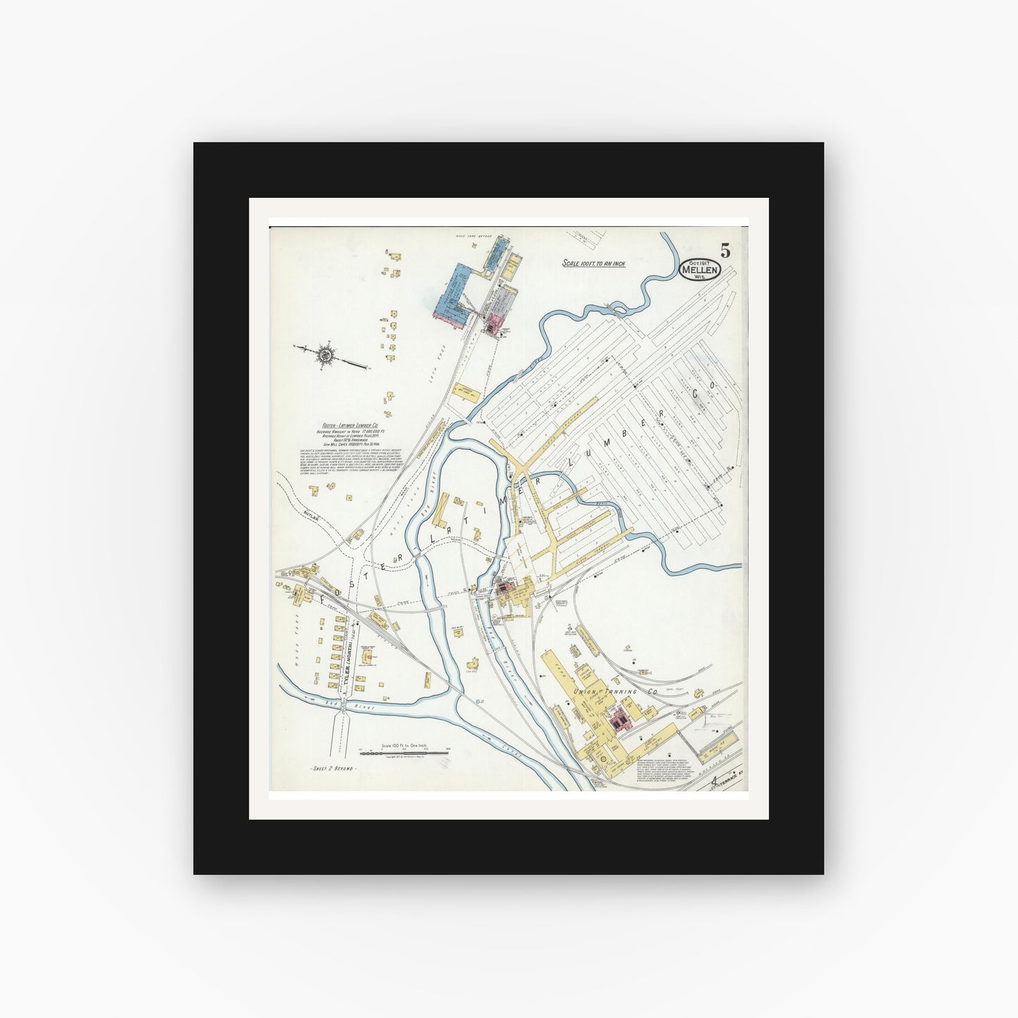 Old map wall art mockup — black gallery frame with white mat — Sanborn Fire Insurance Map from Mellen, Ashland County, Wisconsin (1917), Sheet #0005