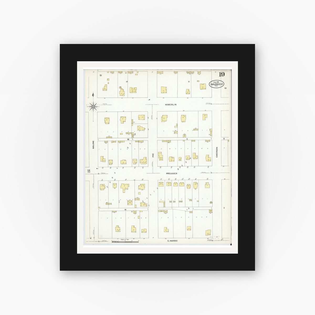 Old map wall art mockup — black gallery frame with white mat — Sanborn Fire Insurance Map from San Angelo, Tom Green County, Texas (1908), Sheet #0019