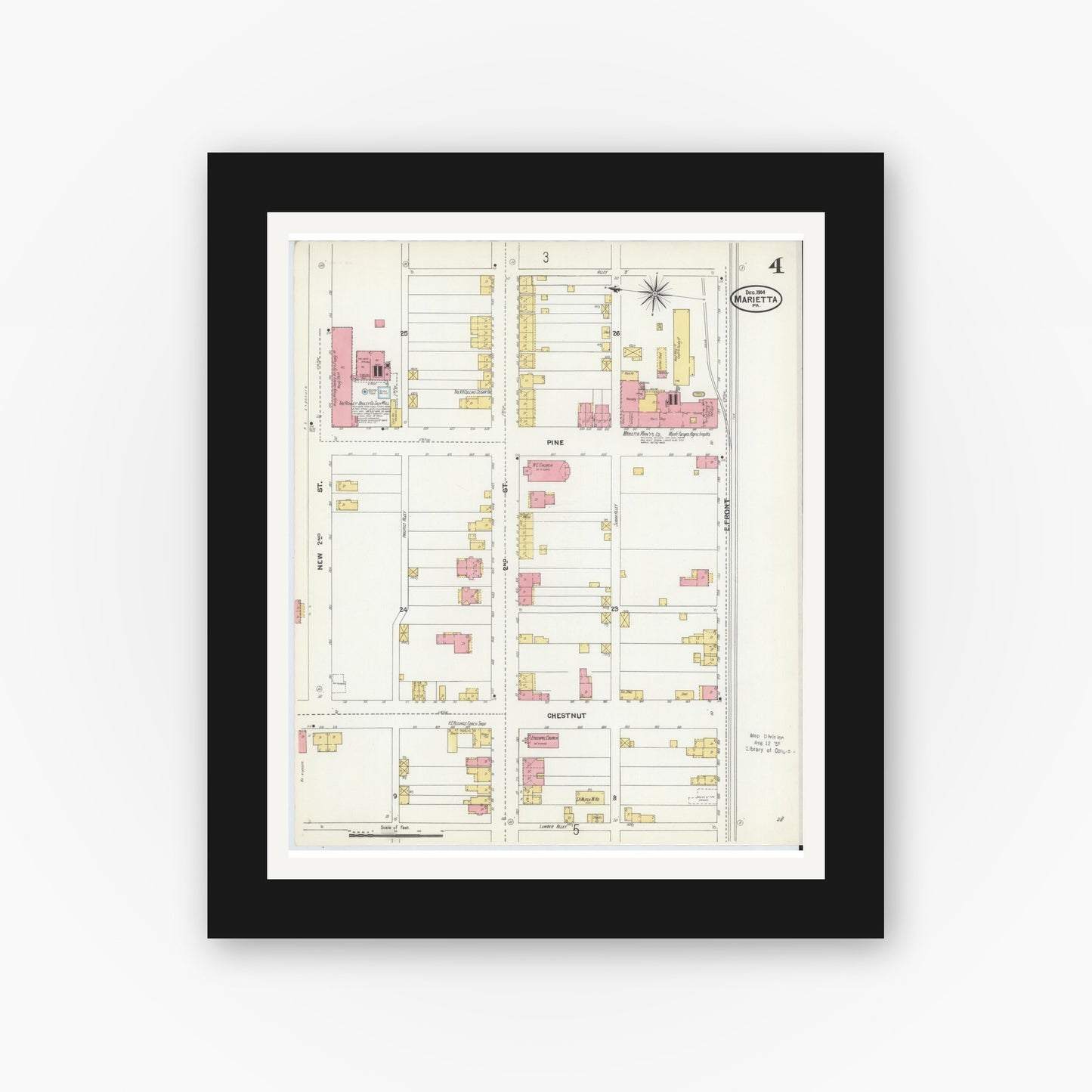 Old map wall art mockup — black gallery frame with white mat — Sanborn Fire Insurance Map from Marietta, Lancaster County, Pennsylvania (1904), Sheet #0004