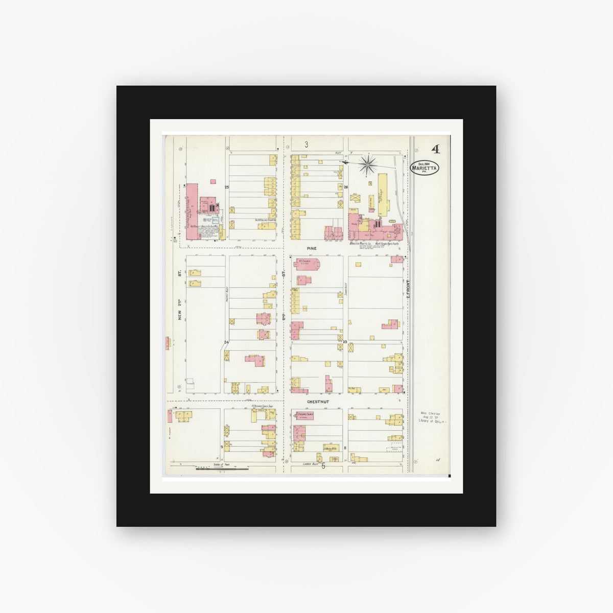 Old map wall art mockup — black gallery frame with white mat — Sanborn Fire Insurance Map from Marietta, Lancaster County, Pennsylvania (1904), Sheet #0004