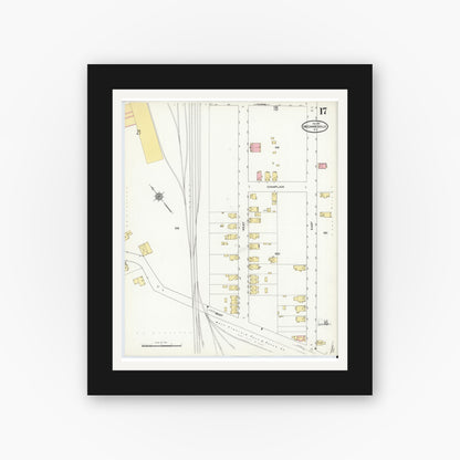 Old map wall art mockup — black gallery frame with white mat — Sanborn Fire Insurance Map from Mechanicville, Saratoga County, New York (1911), Sheet #0017