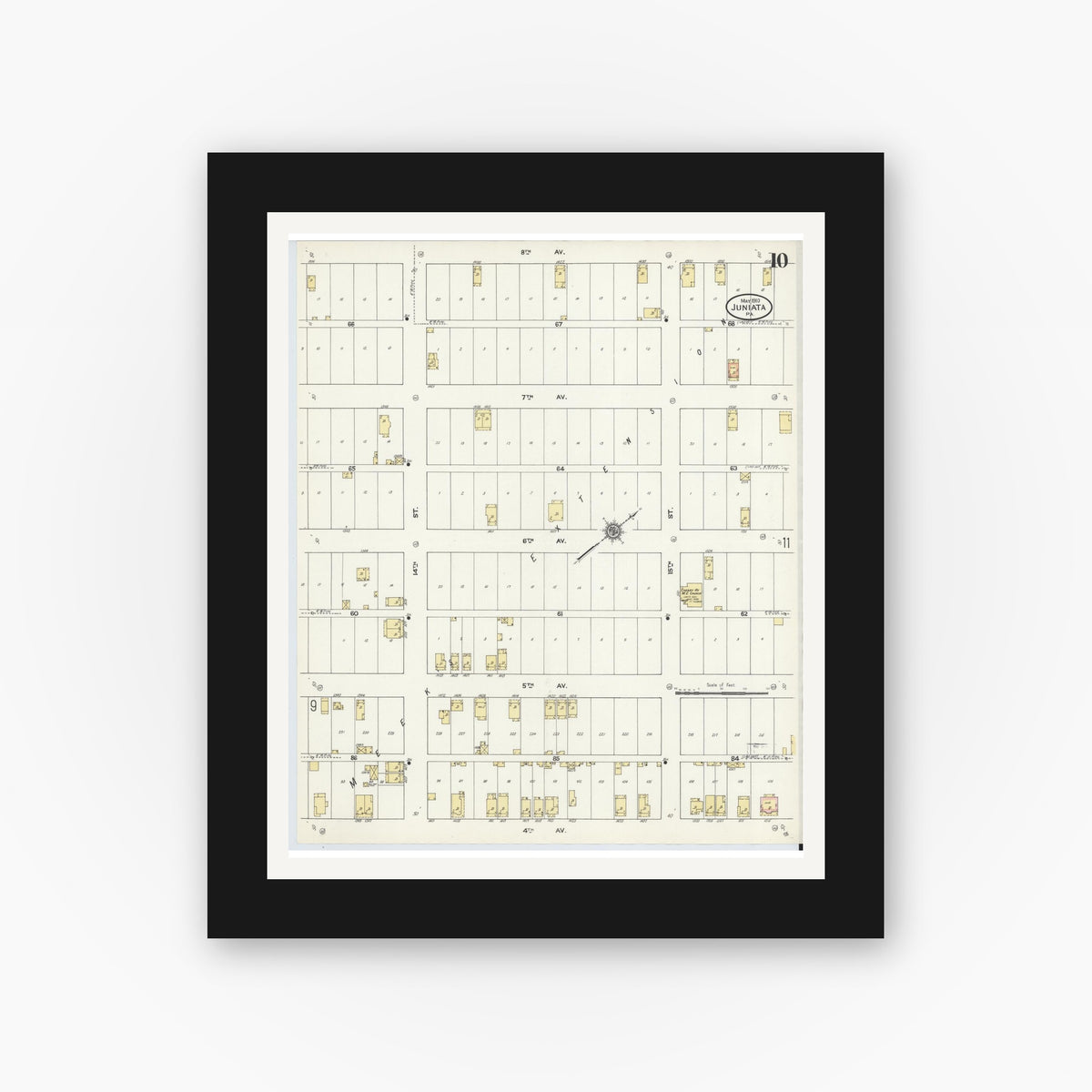 Old map wall art mockup — black gallery frame with white mat — Sanborn Fire Insurance Map from Juniata, Blair County, Pennsylvania (1910), Sheet #0010
