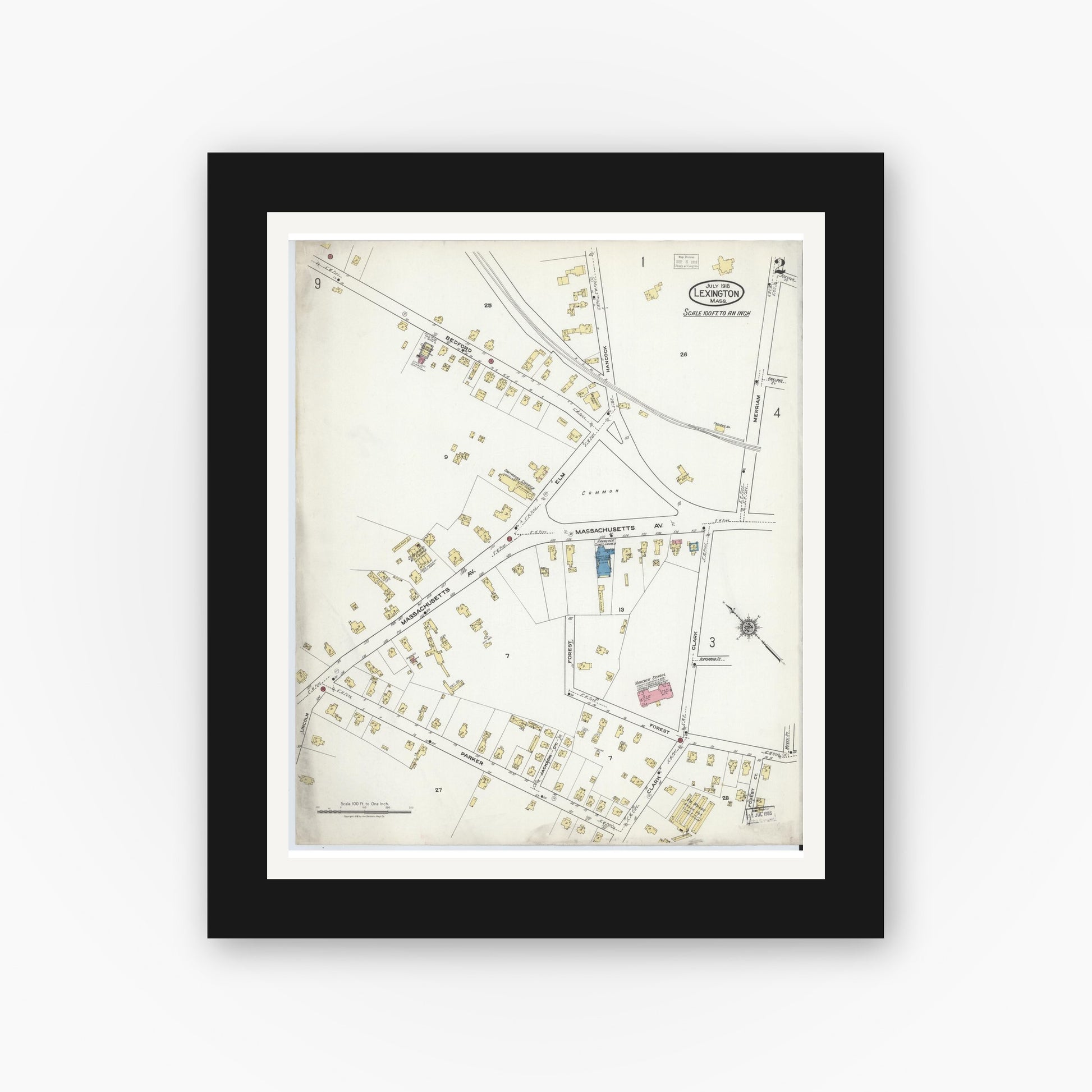 Old map wall art mockup — black gallery frame with white mat — Sanborn Fire Insurance Map from Lexington, Middlesex County, Massachusetts (1918), Sheet #0002
