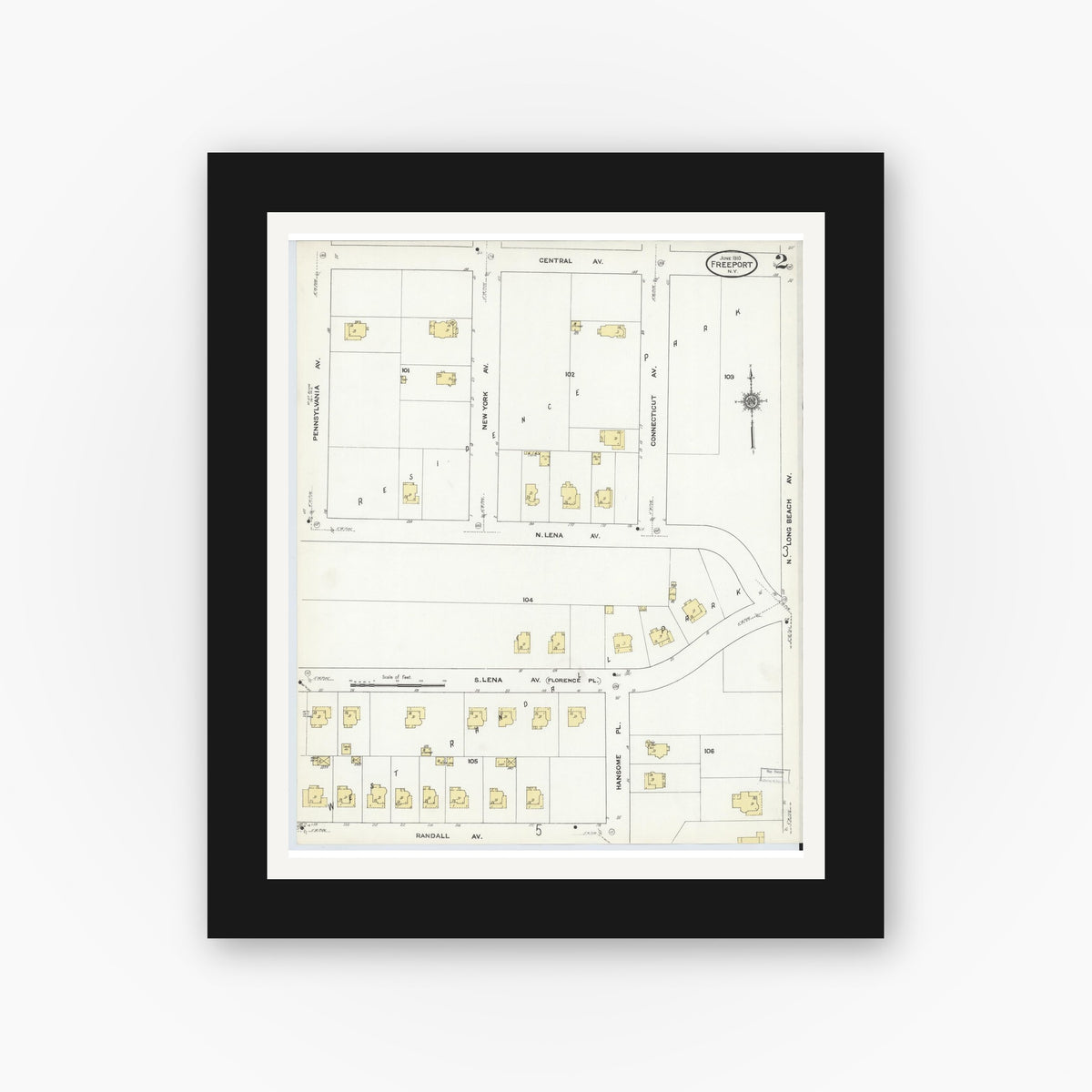 Old map wall art mockup — black gallery frame with white mat — Sanborn Fire Insurance Map from Freeport, Nassau County, New York (1910) - Complete Map Set