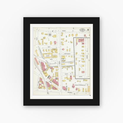 Old map wall art mockup — black gallery frame with white mat — Sanborn Fire Insurance Map from Goshen, Orange County, New York (1900), Sheet #0003
