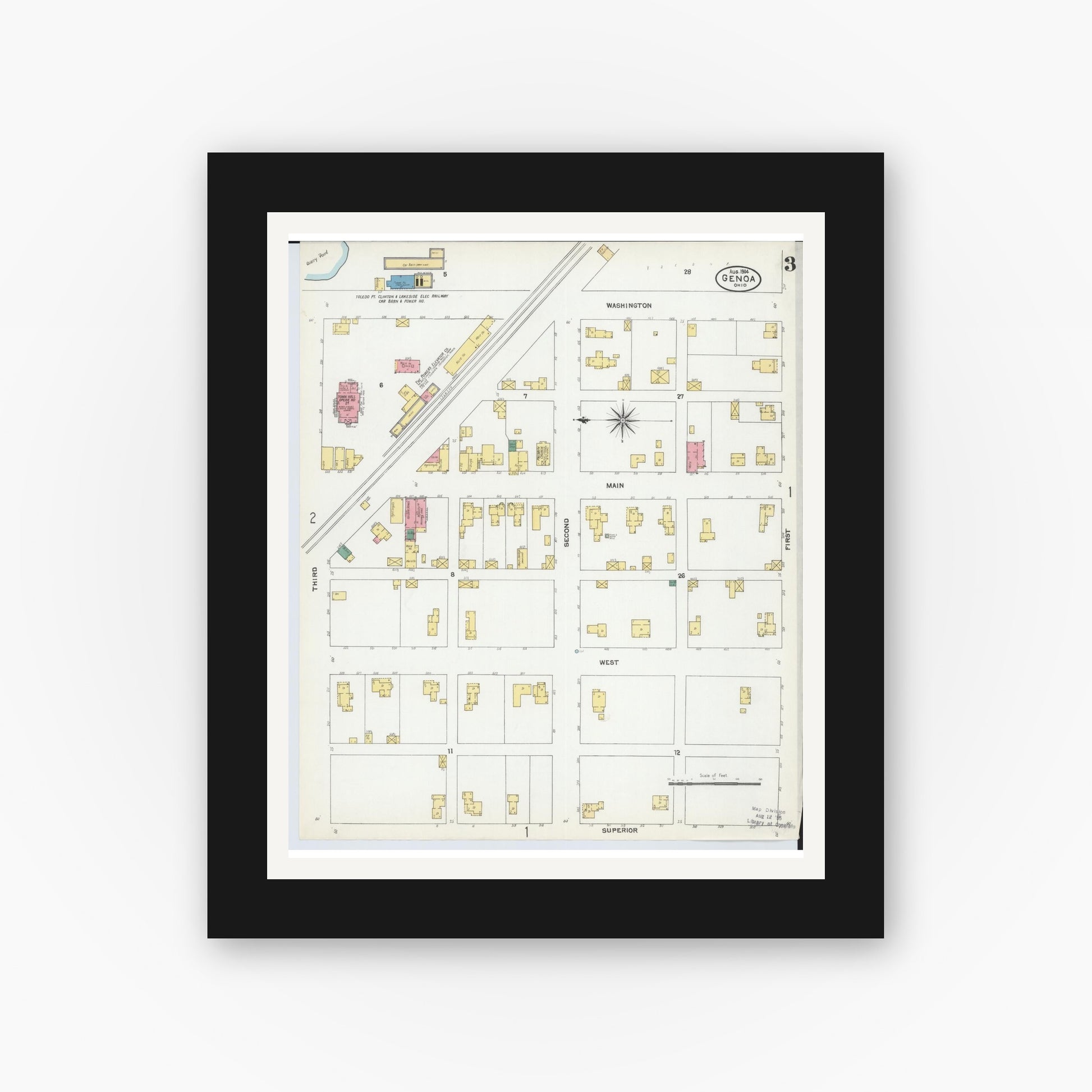Old map wall art mockup — black gallery frame with white mat — Sanborn Fire Insurance Map from Genoa, Ottawa County, Ohio (1904), Sheet #0003