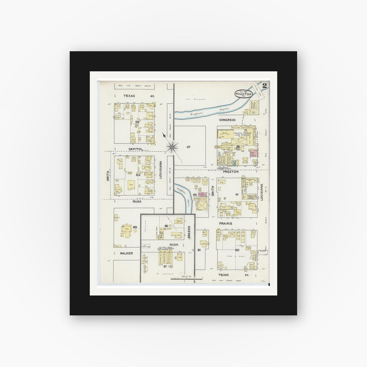 Old map wall art mockup — black gallery frame with white mat — Sanborn Fire Insurance Map from Houston, Harris County, Texas (1890), Sheet #0002
