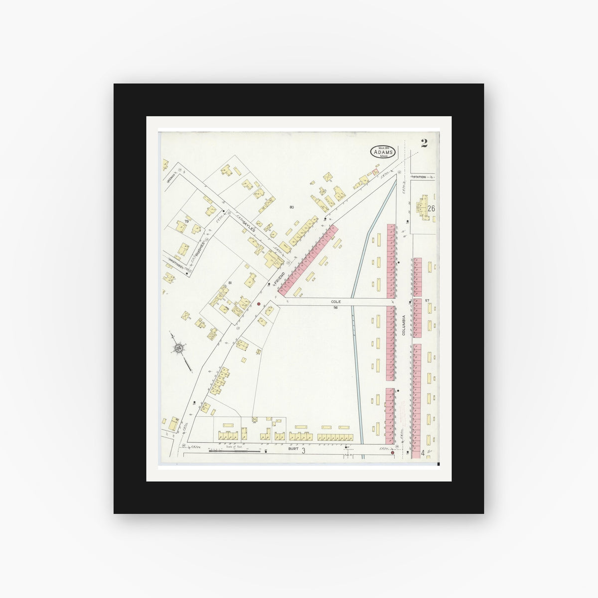 Old map wall art mockup — black gallery frame with white mat — Sanborn Fire Insurance Map from Adams, Berkshire County, Massachusetts (1914), Sheet #0002