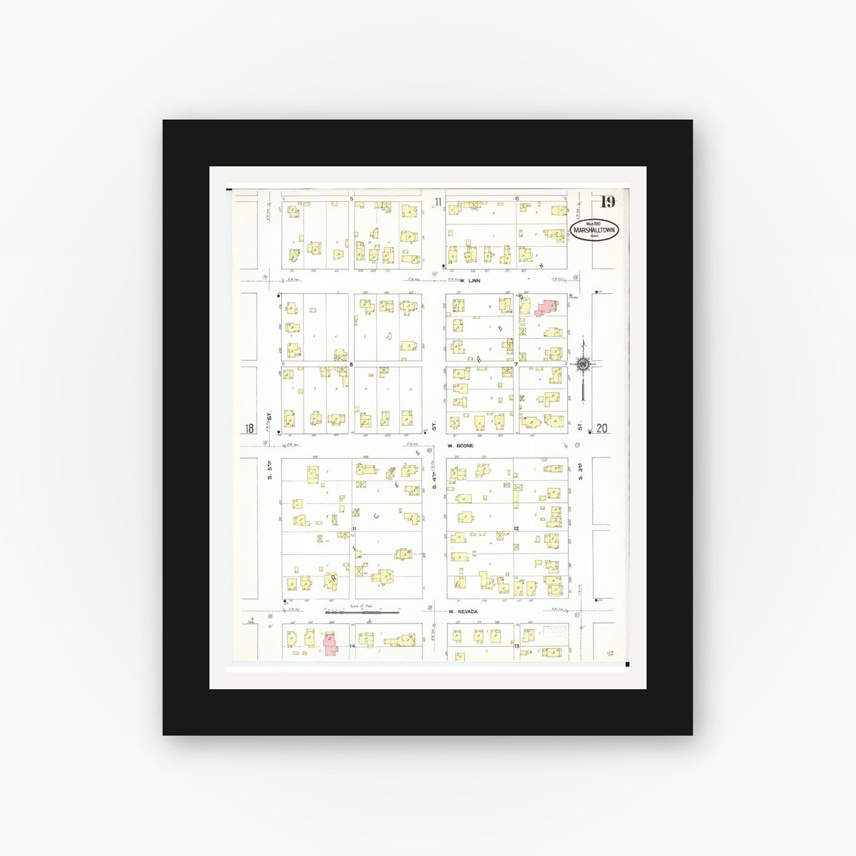 Old map wall art mockup — black gallery frame with white mat — Sanborn Fire Insurance Map from Marshalltown, Marshall County, Iowa (1910), Sheet #0019
