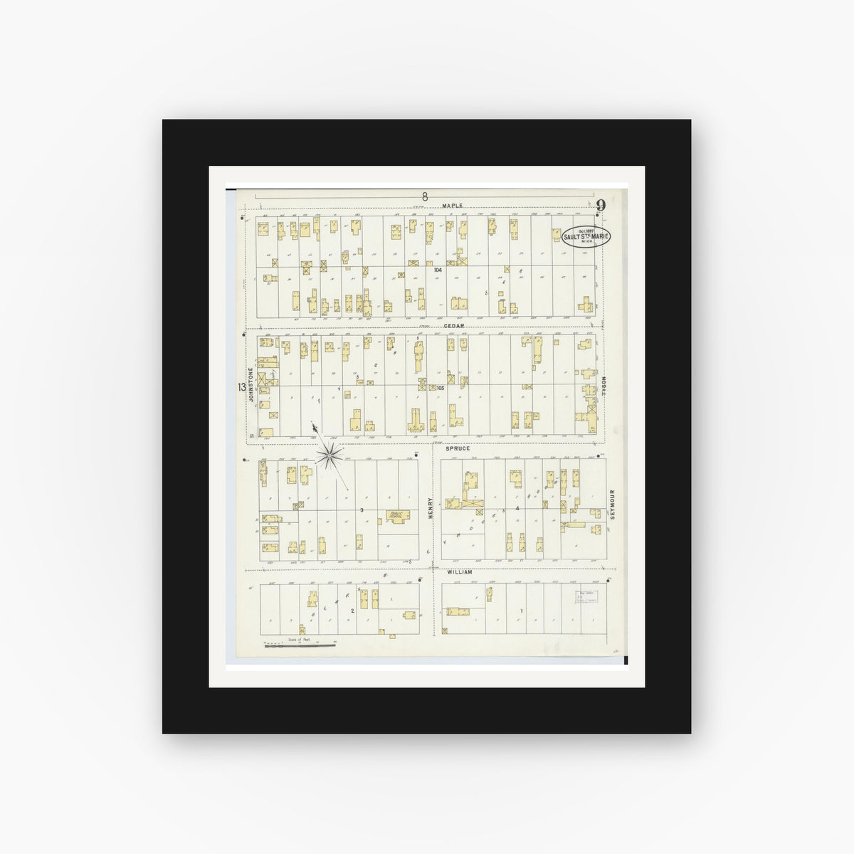 Old map wall art mockup — black gallery frame with white mat — Sanborn Fire Insurance Map from Sault Sainte Marie, Chippewa County, Michigan (1897), Sheet #0009