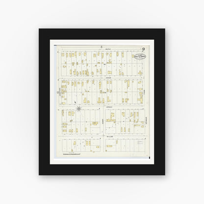 Old map wall art mockup — black gallery frame with white mat — Sanborn Fire Insurance Map from Sault Sainte Marie, Chippewa County, Michigan (1897), Sheet #0009