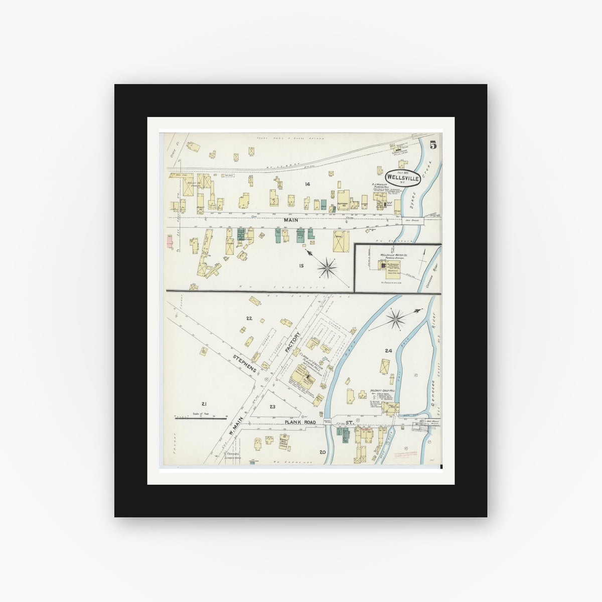 Old map wall art mockup — black gallery frame with white mat — Sanborn Fire Insurance Map from Wellsville, Allegany County, New York (1891), Sheet #0005