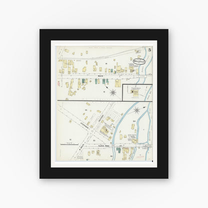 Old map wall art mockup — black gallery frame with white mat — Sanborn Fire Insurance Map from Wellsville, Allegany County, New York (1891), Sheet #0005