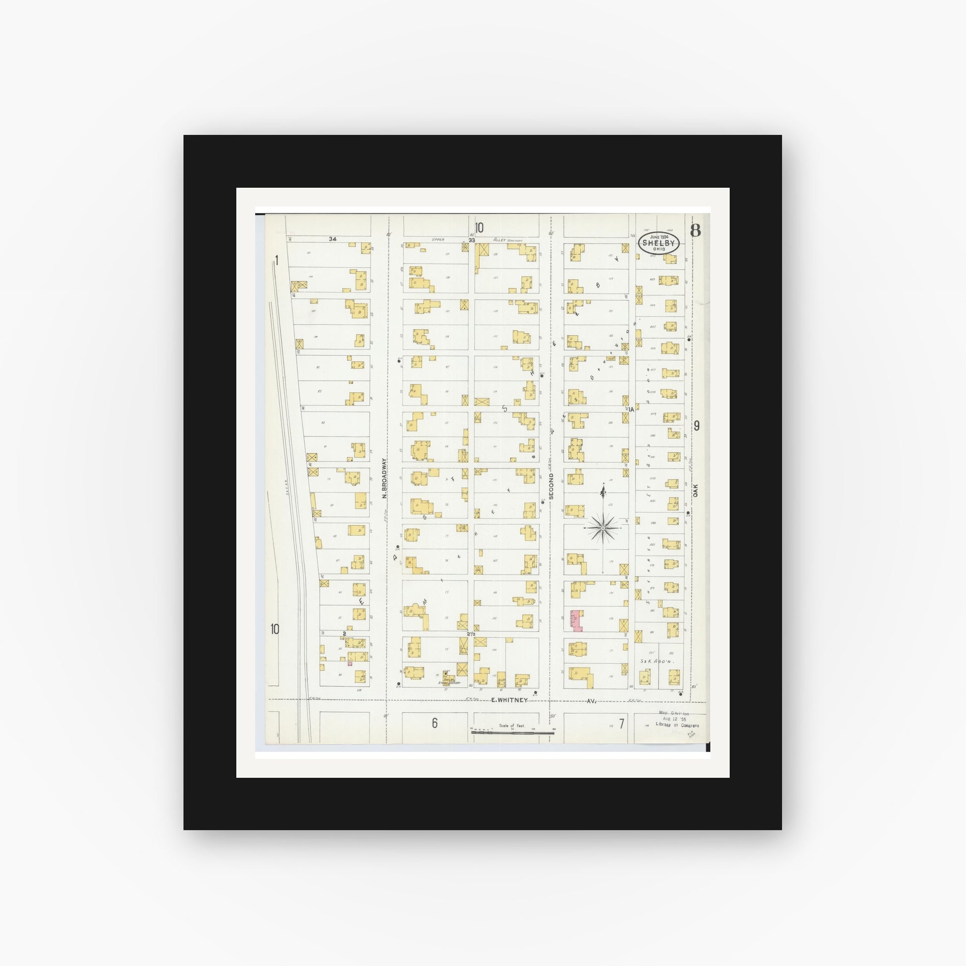 Old map wall art mockup — black gallery frame with white mat — Sanborn Fire Insurance Map from Shelby, Richland County, Ohio (1904), Sheet #0008