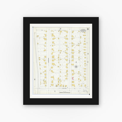 Old map wall art mockup — black gallery frame with white mat — Sanborn Fire Insurance Map from Shelby, Richland County, Ohio (1904), Sheet #0008