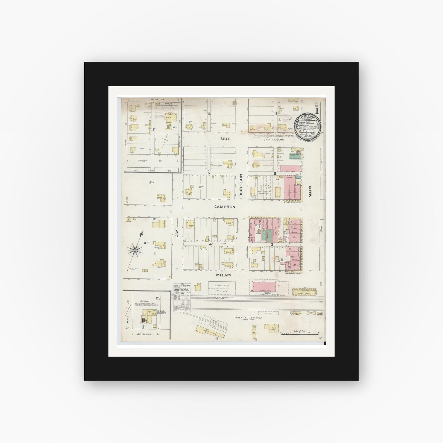 Old map wall art mockup — black gallery frame with white mat — Sanborn Fire Insurance Map from Rockdale, Milam County, Texas (1891) - Complete Map Set
