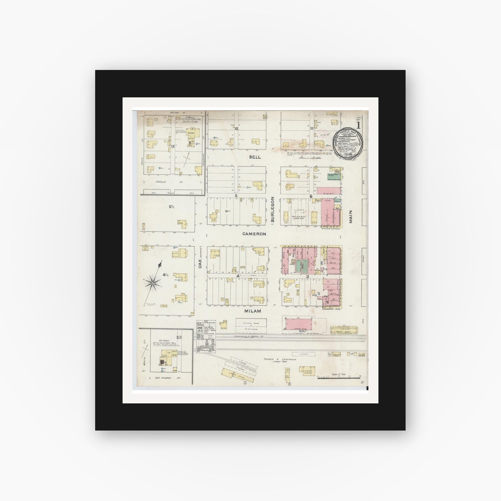 Old map wall art mockup — black gallery frame with white mat — Sanborn Fire Insurance Map from Rockdale, Milam County, Texas (1891) - Complete Map Set