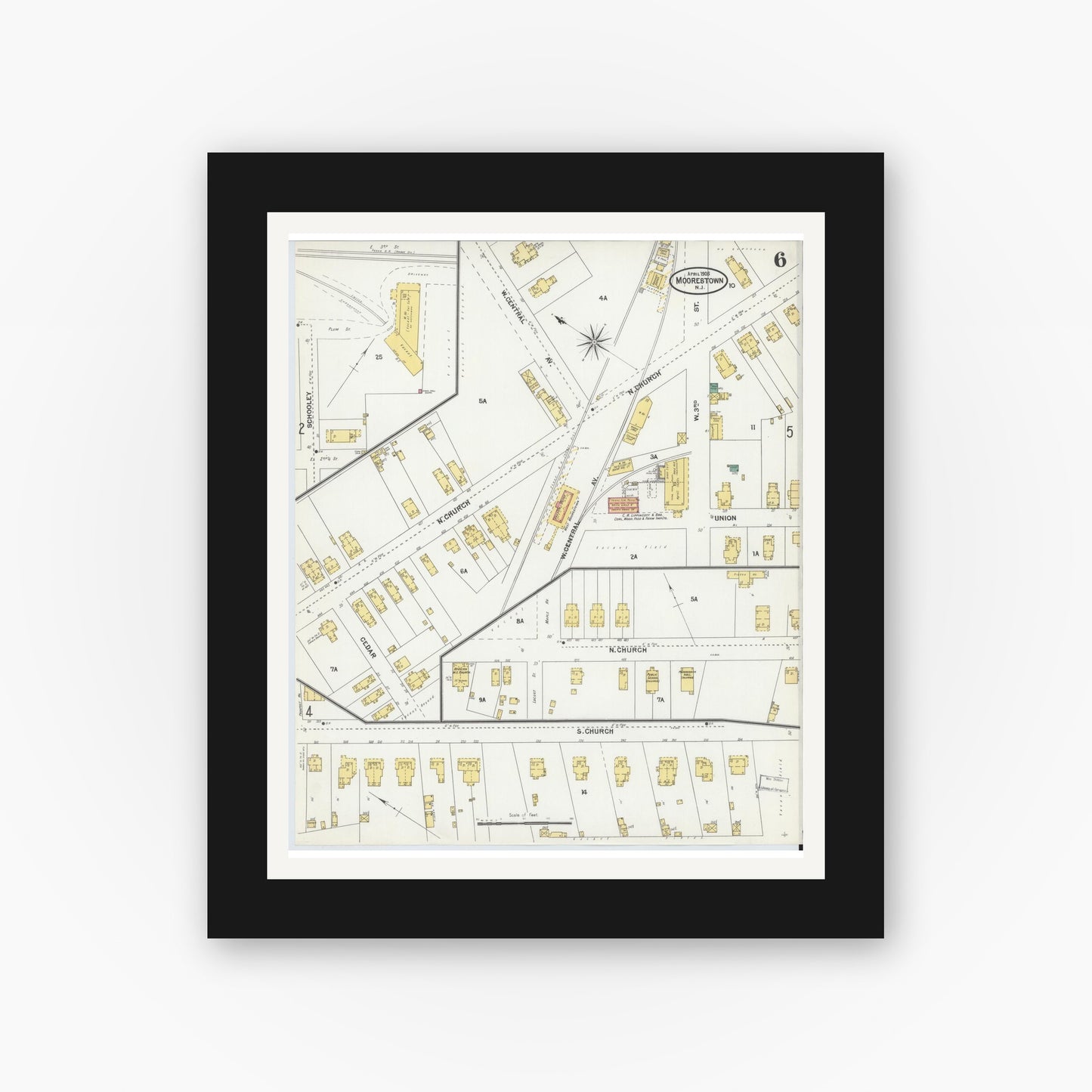 Old map wall art mockup — black gallery frame with white mat — Sanborn Fire Insurance Map from Moorestown, Burlington County, New Jersey (1905), Sheet #0006