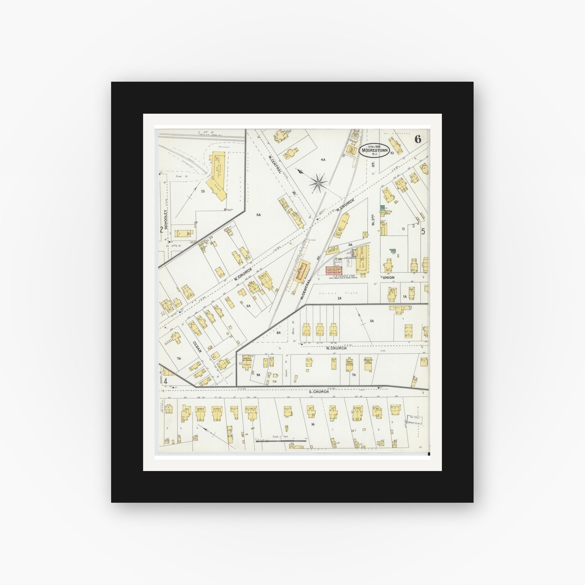 Old map wall art mockup — black gallery frame with white mat — Sanborn Fire Insurance Map from Moorestown, Burlington County, New Jersey (1905), Sheet #0006