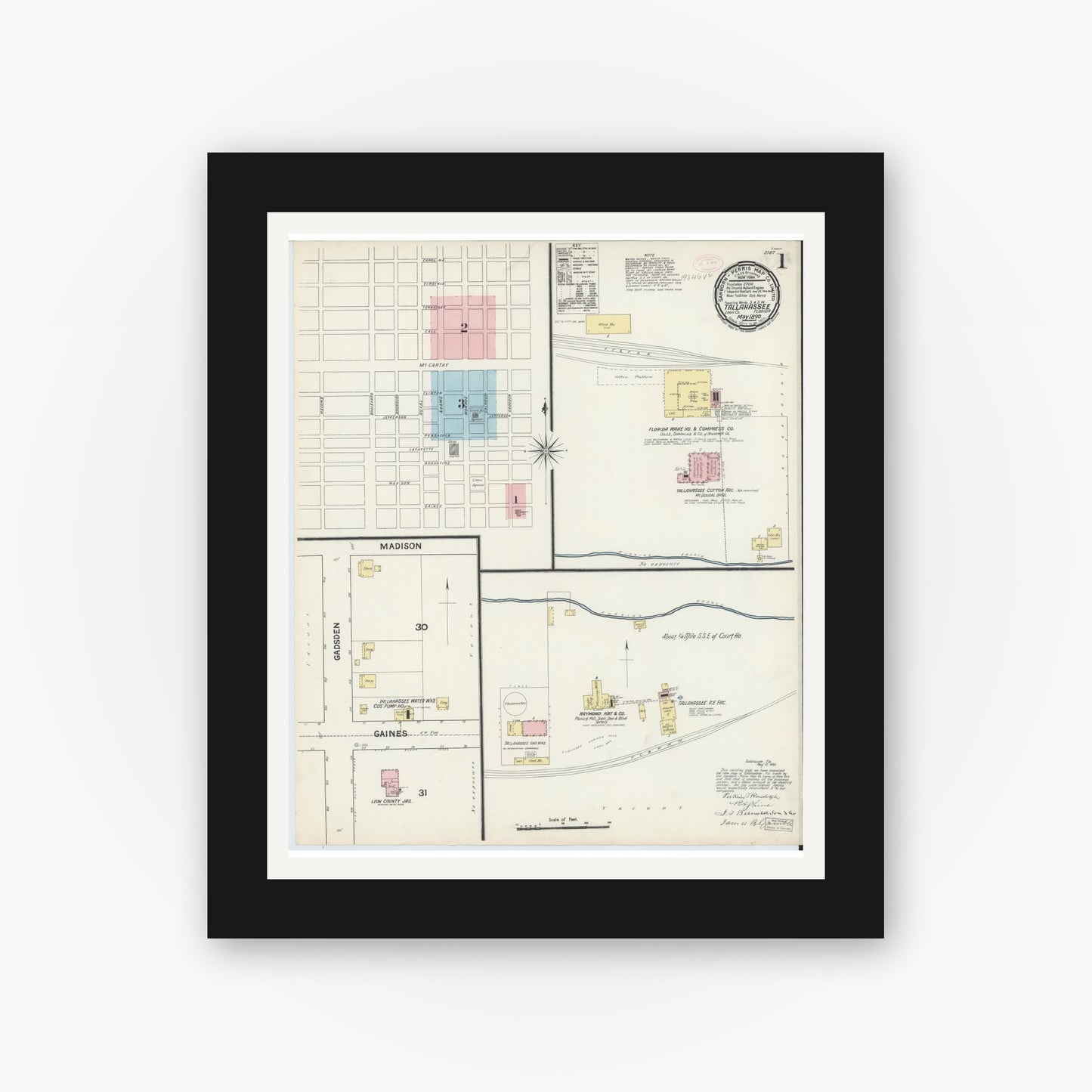 Old map wall art mockup — black gallery frame with white mat — Sanborn Fire Insurance Map from Tallahassee, Leon County, Florida (1890) - Complete Map Set