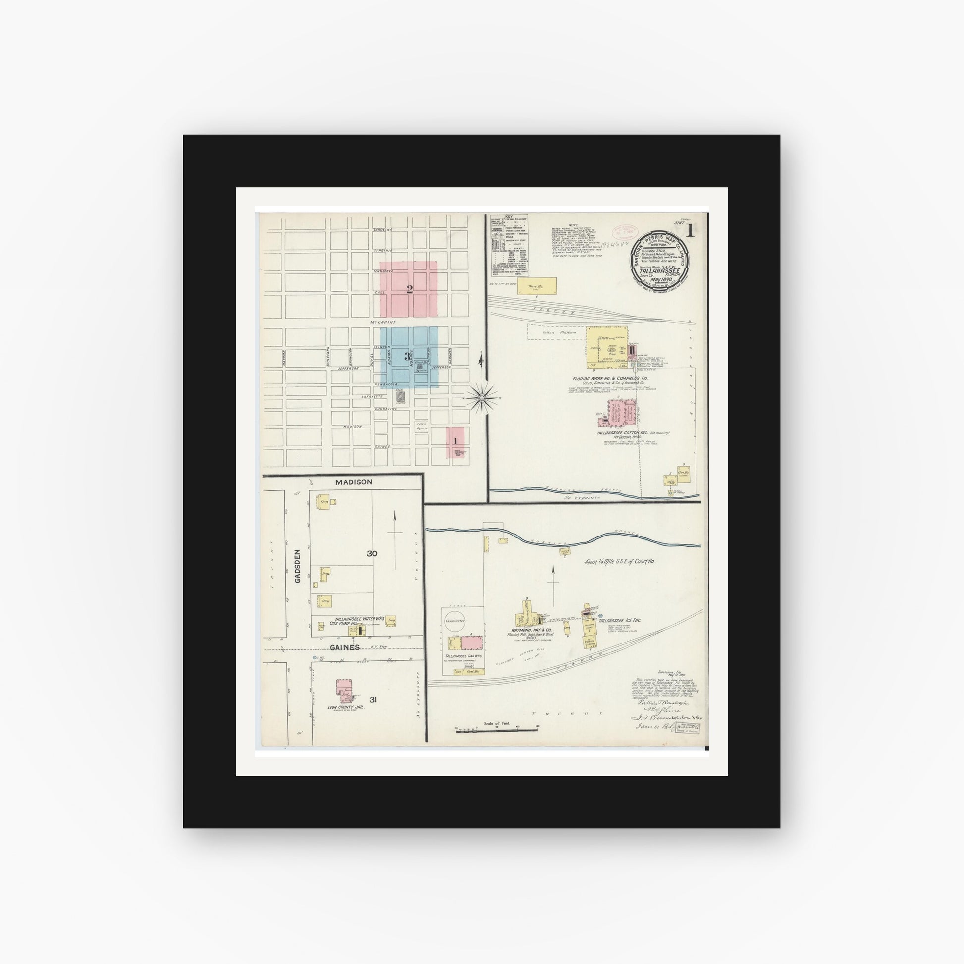 Old map wall art mockup — black gallery frame with white mat — Sanborn Fire Insurance Map from Tallahassee, Leon County, Florida (1890) - Complete Map Set